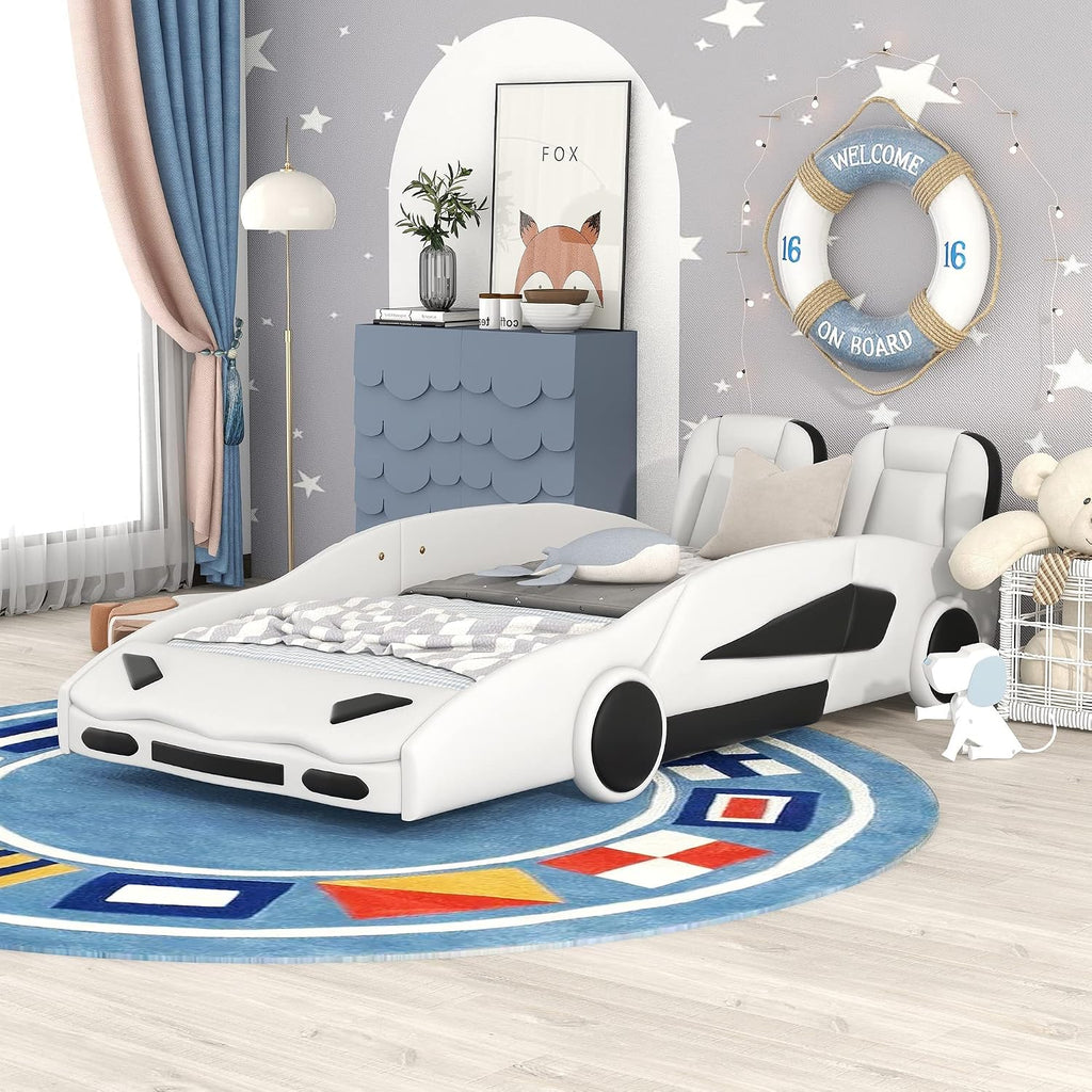 Twin Size Race Car-Shaped Platform Bed with Decorative Wheels and Seat Backrest,Wooden Platform Bed Frame and Wood Slat Support for Kids Teens Boys Girls Bedroom Furniture,White