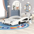 Twin Size Race Car-Shaped Platform Bed with Decorative Wheels and Seat Backrest,Wooden Platform Bed Frame and Wood Slat Support for Kids Teens Boys Girls Bedroom Furniture,White