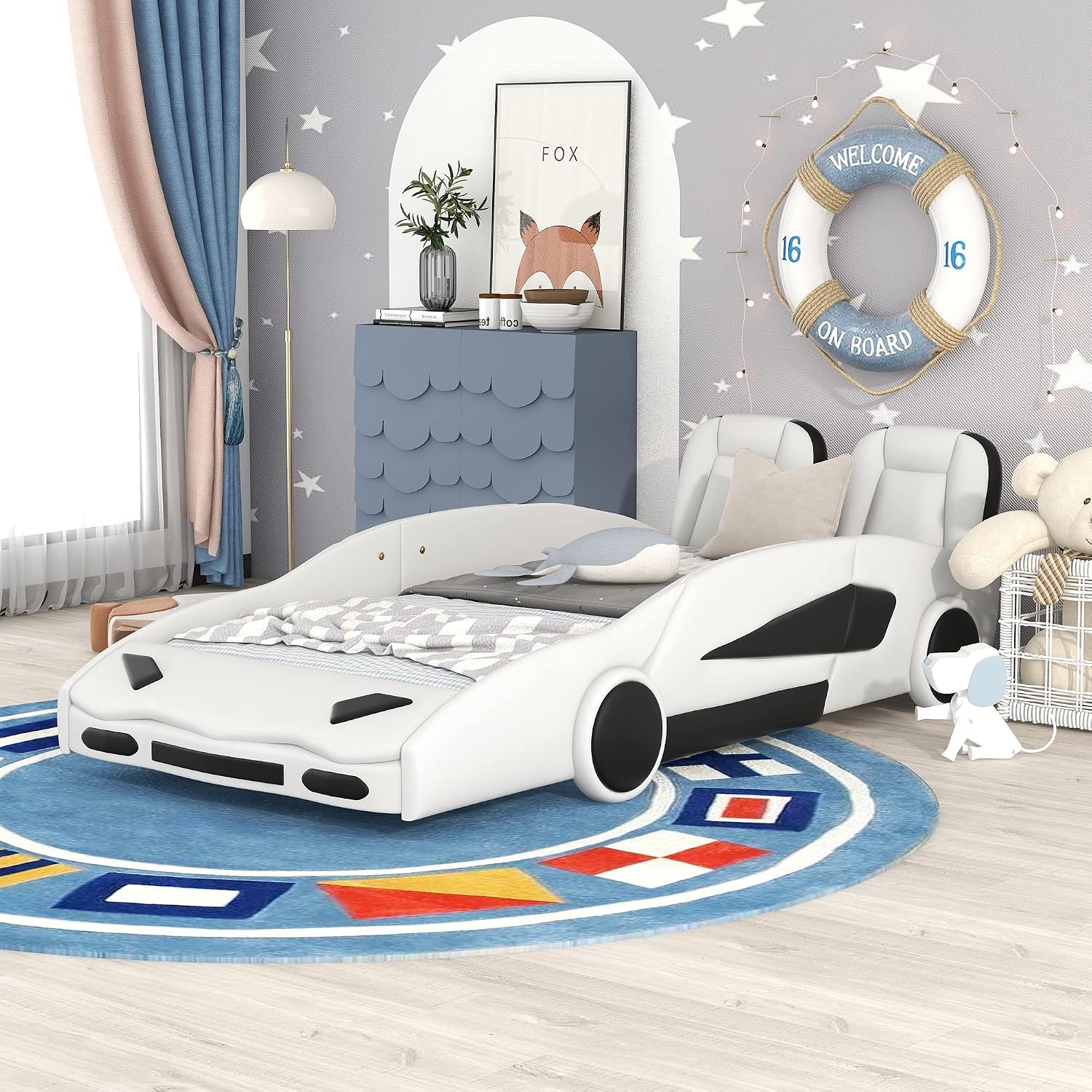 Twin Size Race Car-Shaped Platform Bed with Decorative Wheels and Seat Backrest,Wooden Platform Bed Frame and Wood Slat Support for Kids Teens Boys Girls Bedroom Furniture,White