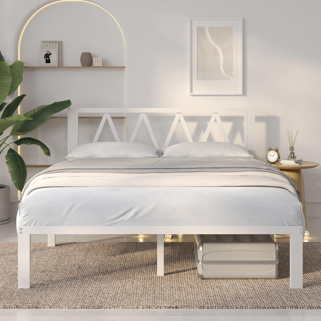 Novilla 14 Inch King Size Bed Frame with Headboard, White Metal Platform Bed Frame, King Bed Frame No Box Spring Needed, Easy Assembly