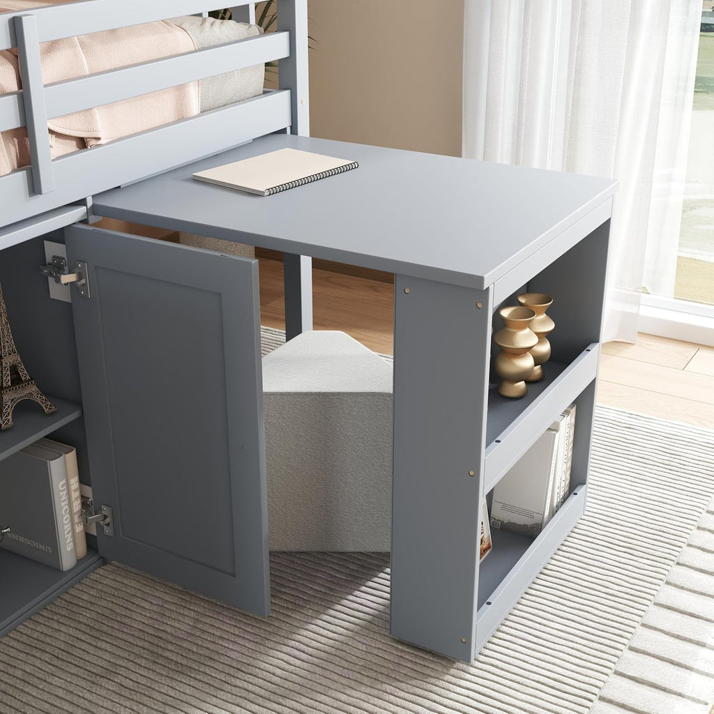 JIVOIT Twin Size Low Loft Bed, Multifunctional Loft Bed with Pulling-Out Desk, Storage Cabinet, Drawer and Shelf Cabinet, Rubber Wood Loft Bed with Safety Guardrail, Ladder, Easy Assembly (Grey/262)