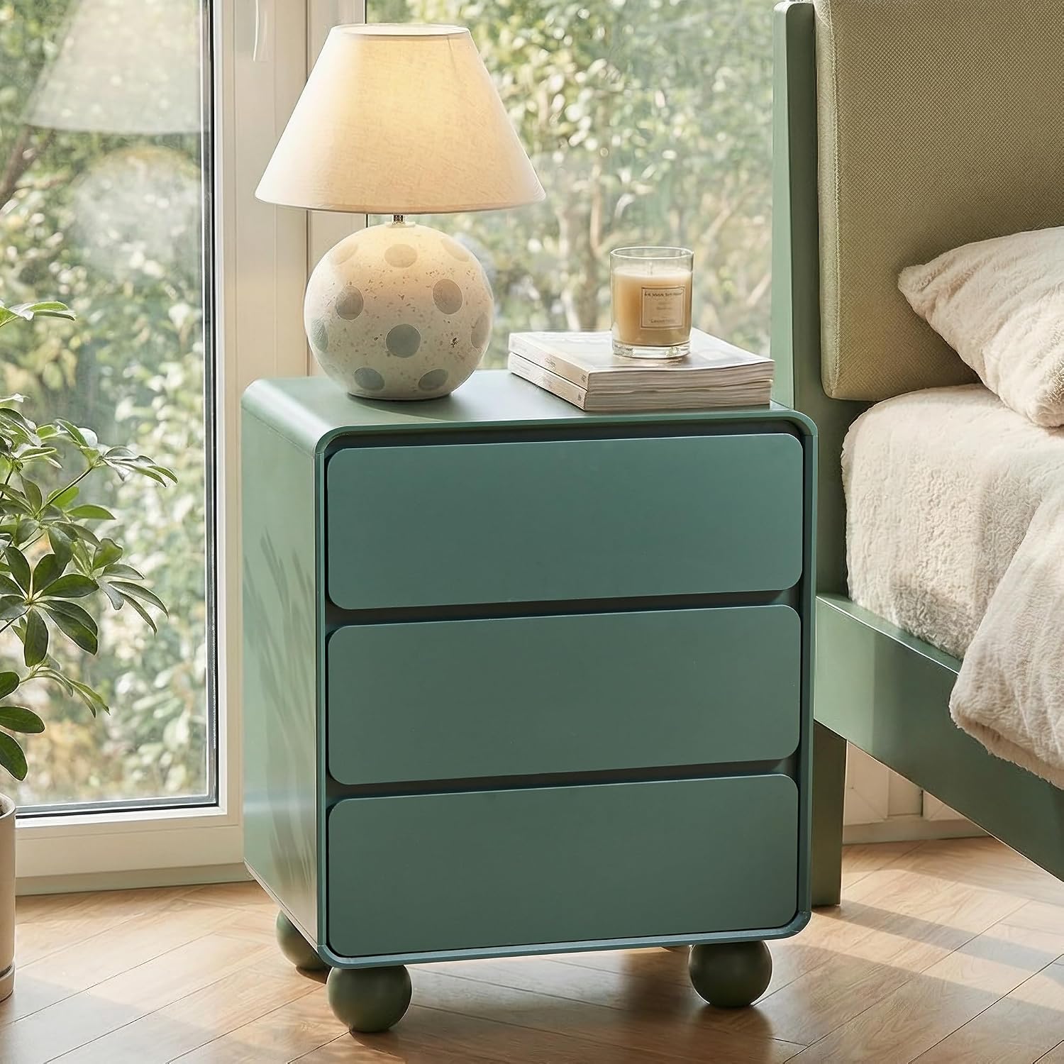 AVZEAR Modern3 Drawer Dresser for Bedroom, Curved Wooden Dresser Chest of Drawers, 3 Drawer Nightstand Closet Clothes Storage Organizer for Kids Bedroom, Living Room, Nursery, Green