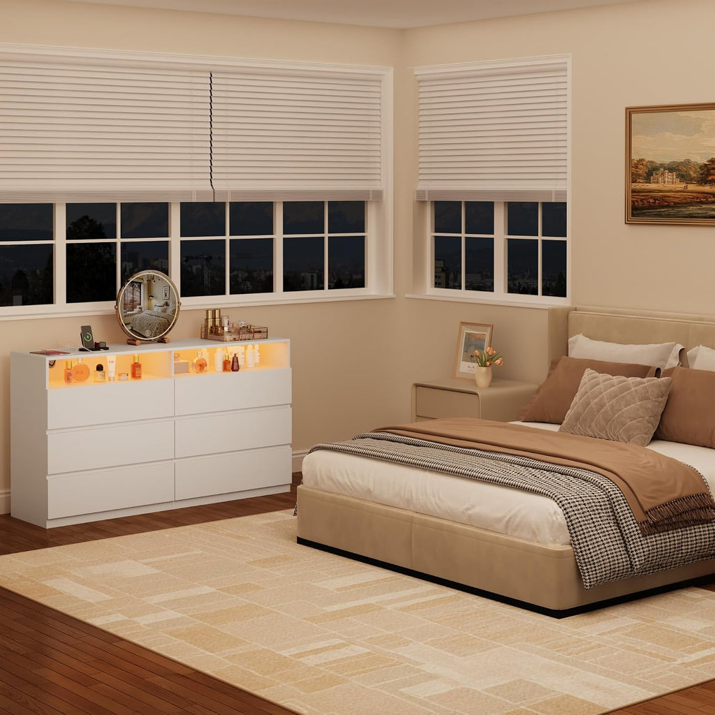 White Dresser, 6 Drawer Dresser for Bedroom with LED Lights, Power Outlet, Modern Wood Chest of Drawers for Closet, Double Wide Drawer Organizer Cabinet for Bedroom, Living Room, Entryway, Hallway