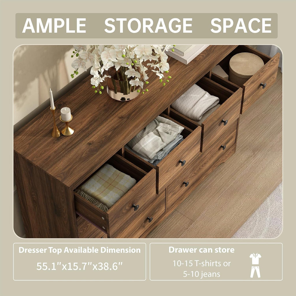55 Inch Wide Dresser for Bedroom, 10 Drawer Dresser with Large Drawers, Thickened Top, Wood Chest for Living Room, Hallway, Walnut