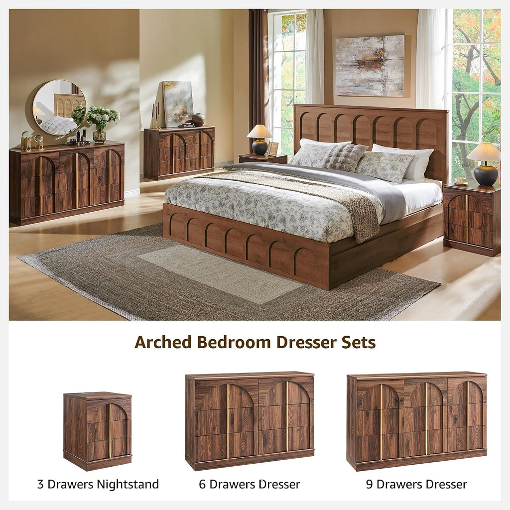 ACCOHOHO Arched Dresser for Bedroom with 9 Drawers, 52' Wide Modern Chest of Drawers with Rounded Edge & Metal Handles, Wood Storage Closet Dressers TV Stand for Living Room, Hallway, Brown