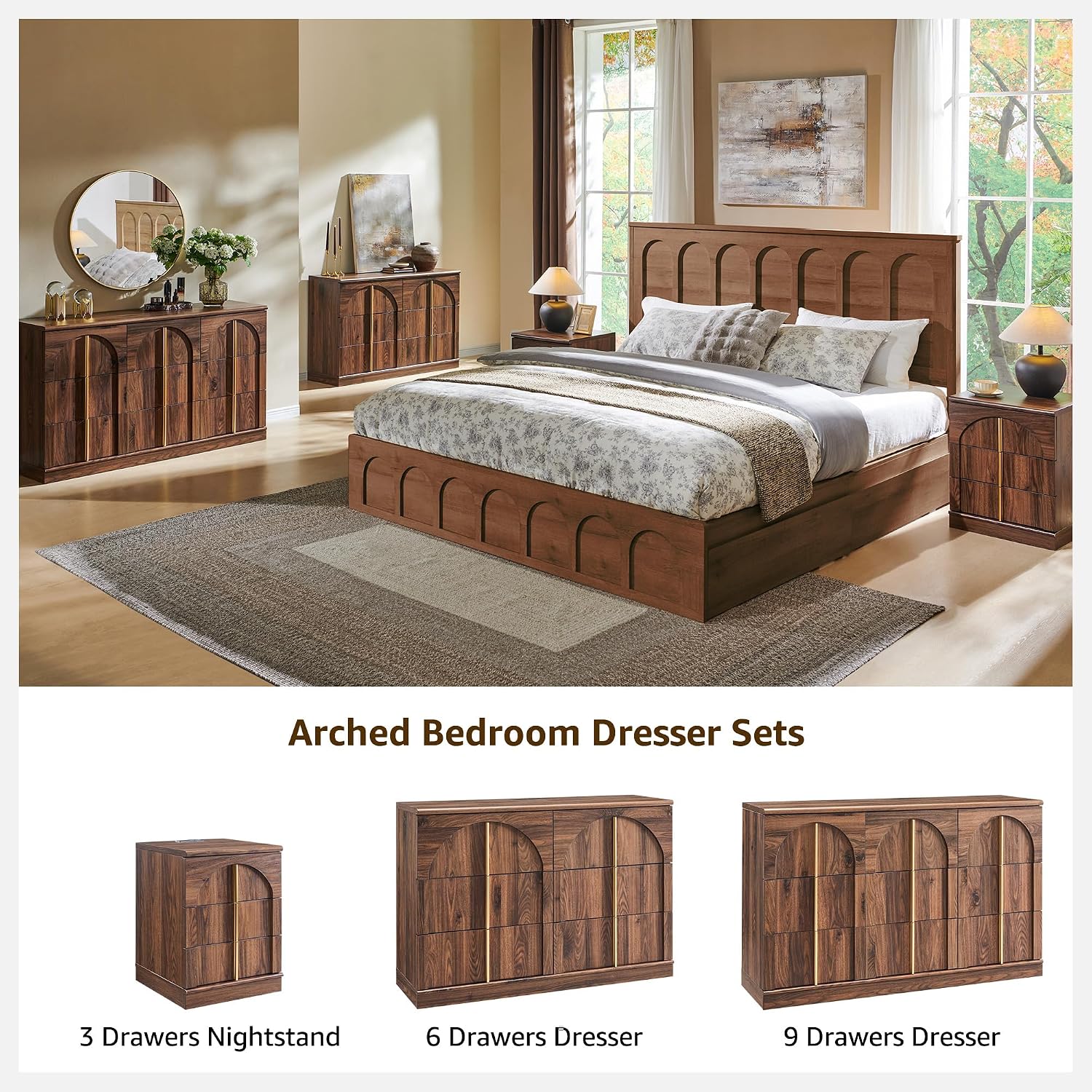 ACCOHOHO Arched Dresser for Bedroom with 9 Drawers, 52' Wide Modern Chest of Drawers with Rounded Edge & Metal Handles, Wood Storage Closet Dressers TV Stand for Living Room, Hallway, Brown