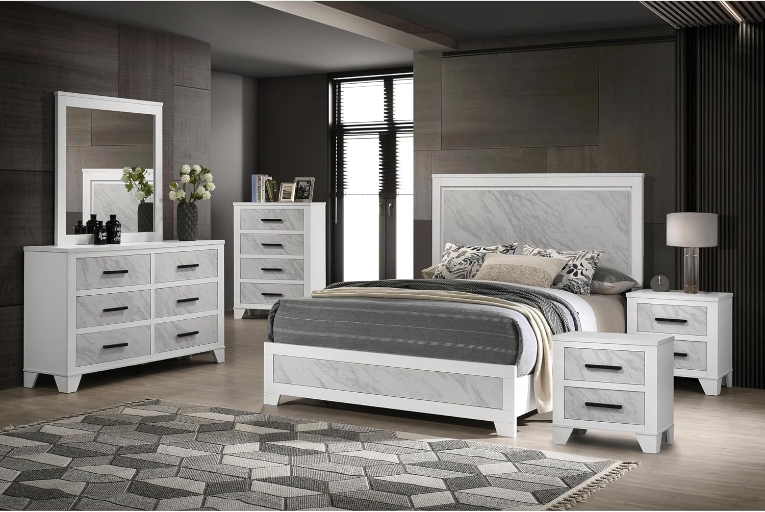 Furniture of America Anton Modern Solid Wood 6-Piece Bedroom Set with Faux Marble Headboard Bed, Metal Center Glide on Nightstands, Chest and Dresser with Mirror, Box Spring Needed, Full, White