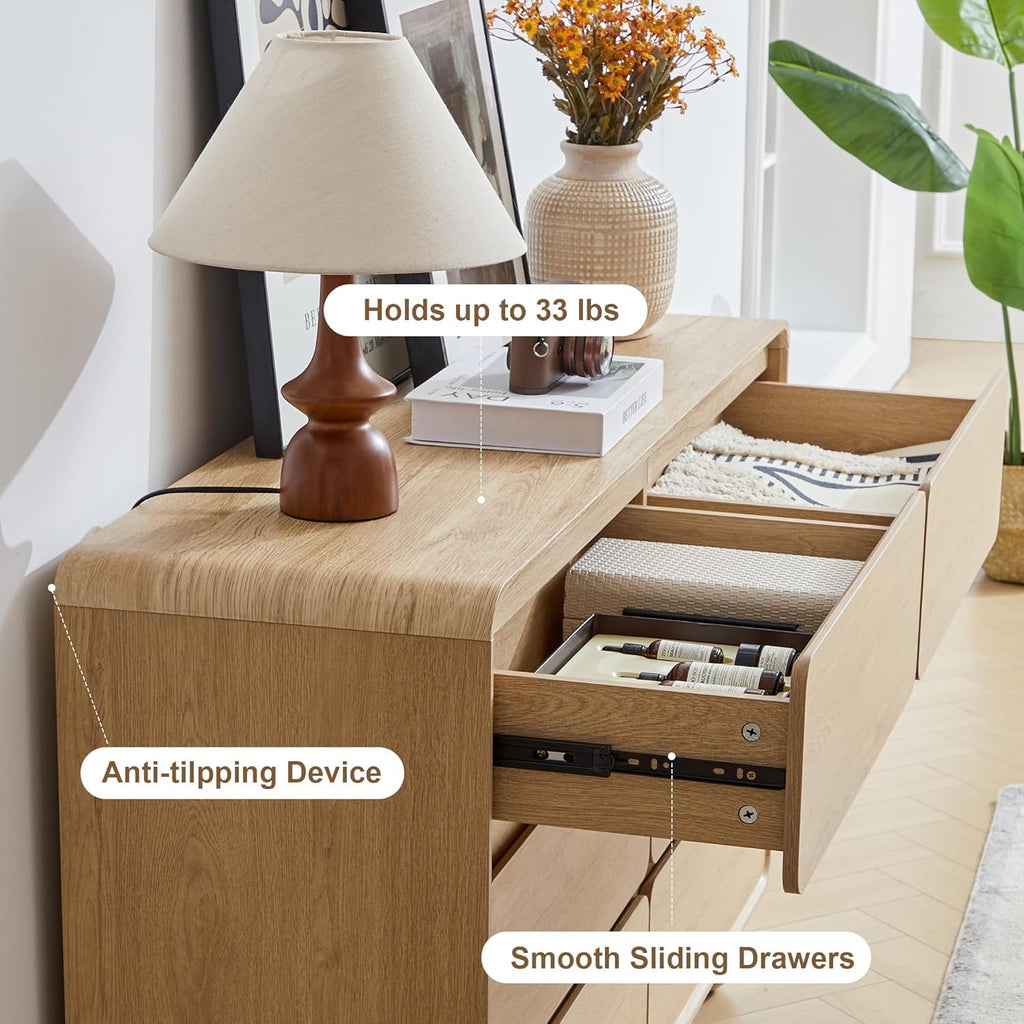 AVZEAR 6 Drawer Dresser for Bedroom, 48' Modern Wooden Dresser Chest of Drawers, Curved Profile Design, Closet Clothes Storage Organizer for Kids Bedroom, Living Room, Nursery, Natural Color