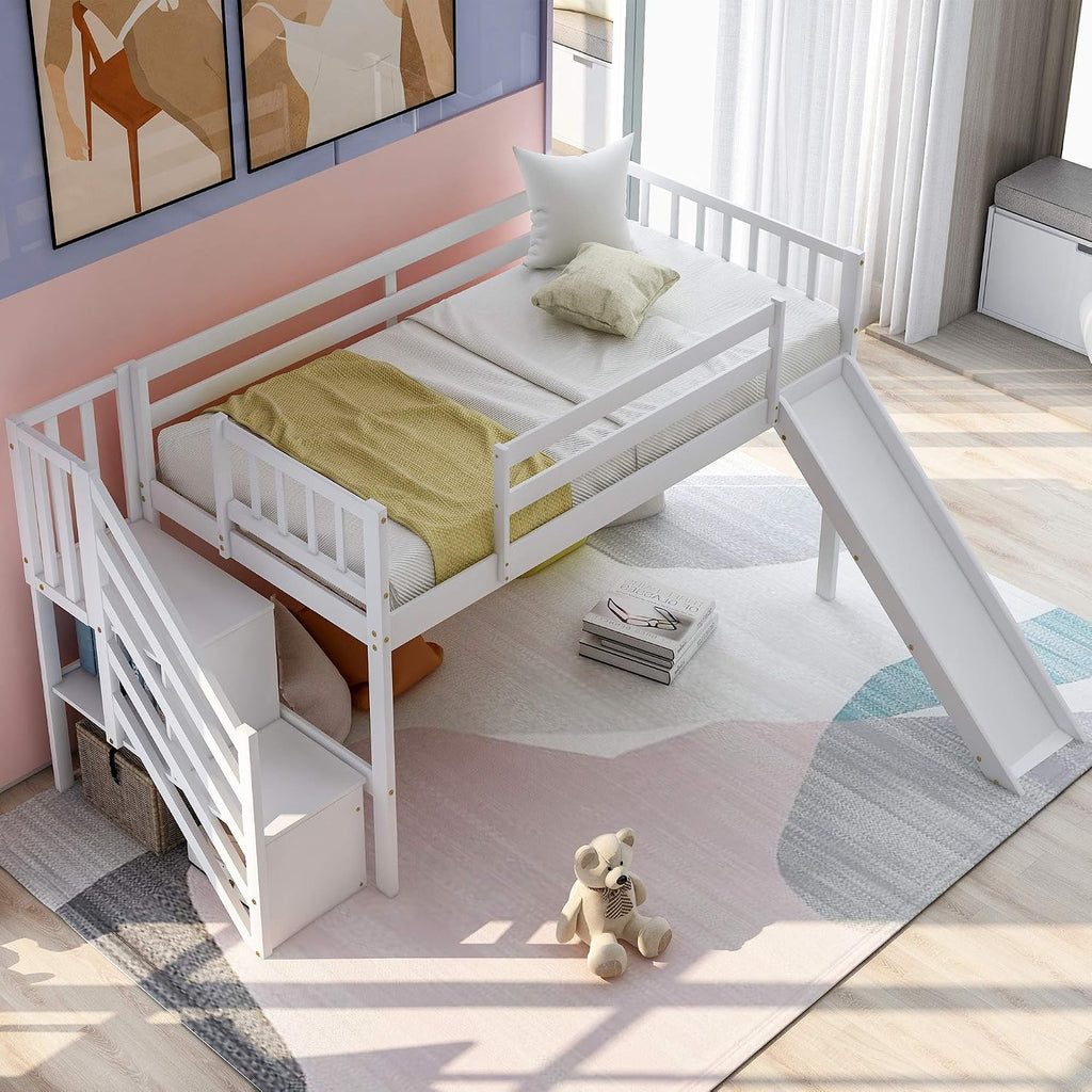 Twin Low Loft Bed with Adjustable Slide/Staircase/Storage Shelves for Kid/Boy/Girl/Teens, Full-Length Guardrails, Solid Wood, Space-Saving (White+Low Loft Bed)