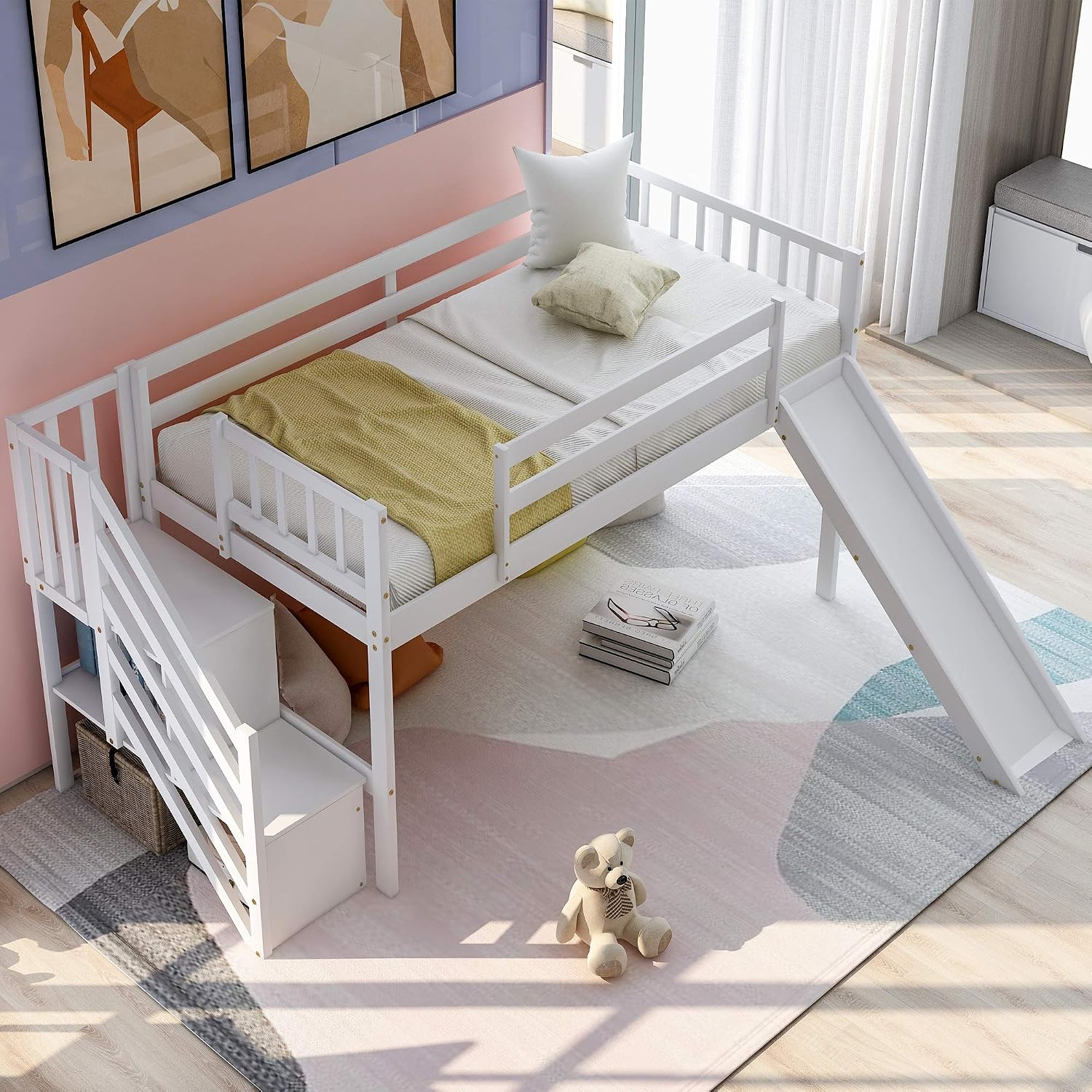 Twin Low Loft Bed with Adjustable Slide/Staircase/Storage Shelves for Kid/Boy/Girl/Teens, Full-Length Guardrails, Solid Wood, Space-Saving (White+Low Loft Bed)