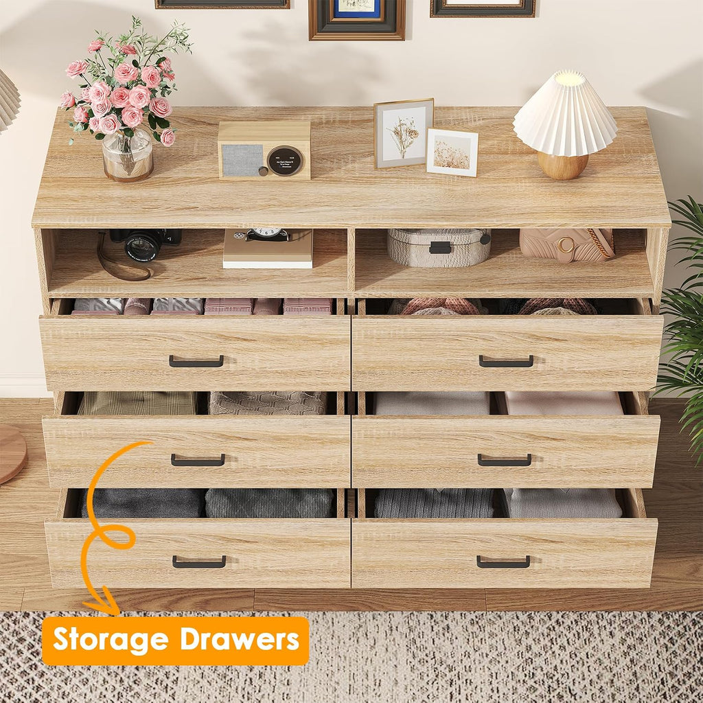 Bigbiglife 6 Drawers Dresser for Bedroom Wooden Drawer with Open Storage Cubby, Double Wide Dresser Organizer for Bedroom, Living Room, Entryway, Hallway (Light Oak)