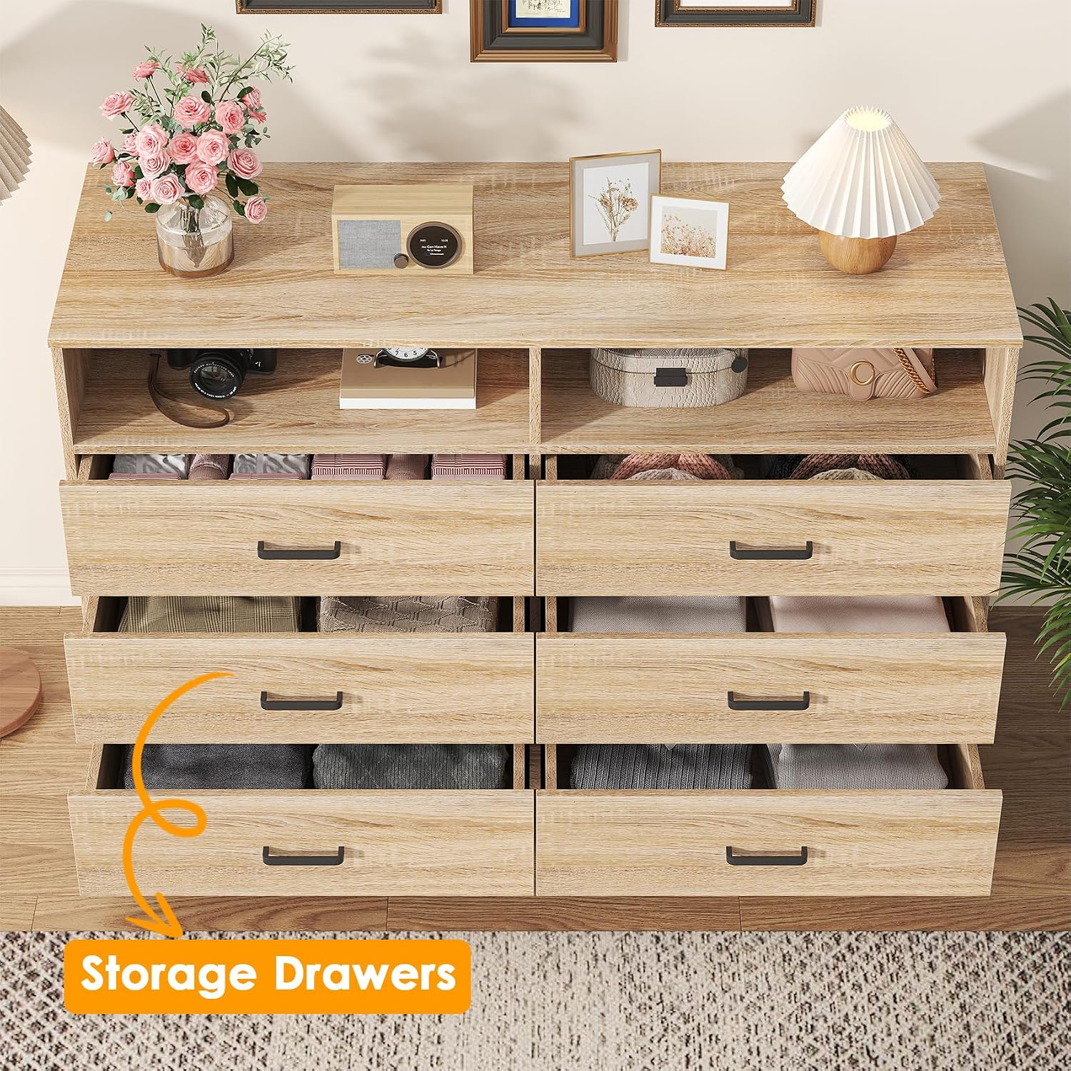Bigbiglife 6 Drawers Dresser for Bedroom Wooden Drawer with Open Storage Cubby, Double Wide Dresser Organizer for Bedroom, Living Room, Entryway, Hallway (Light Oak)