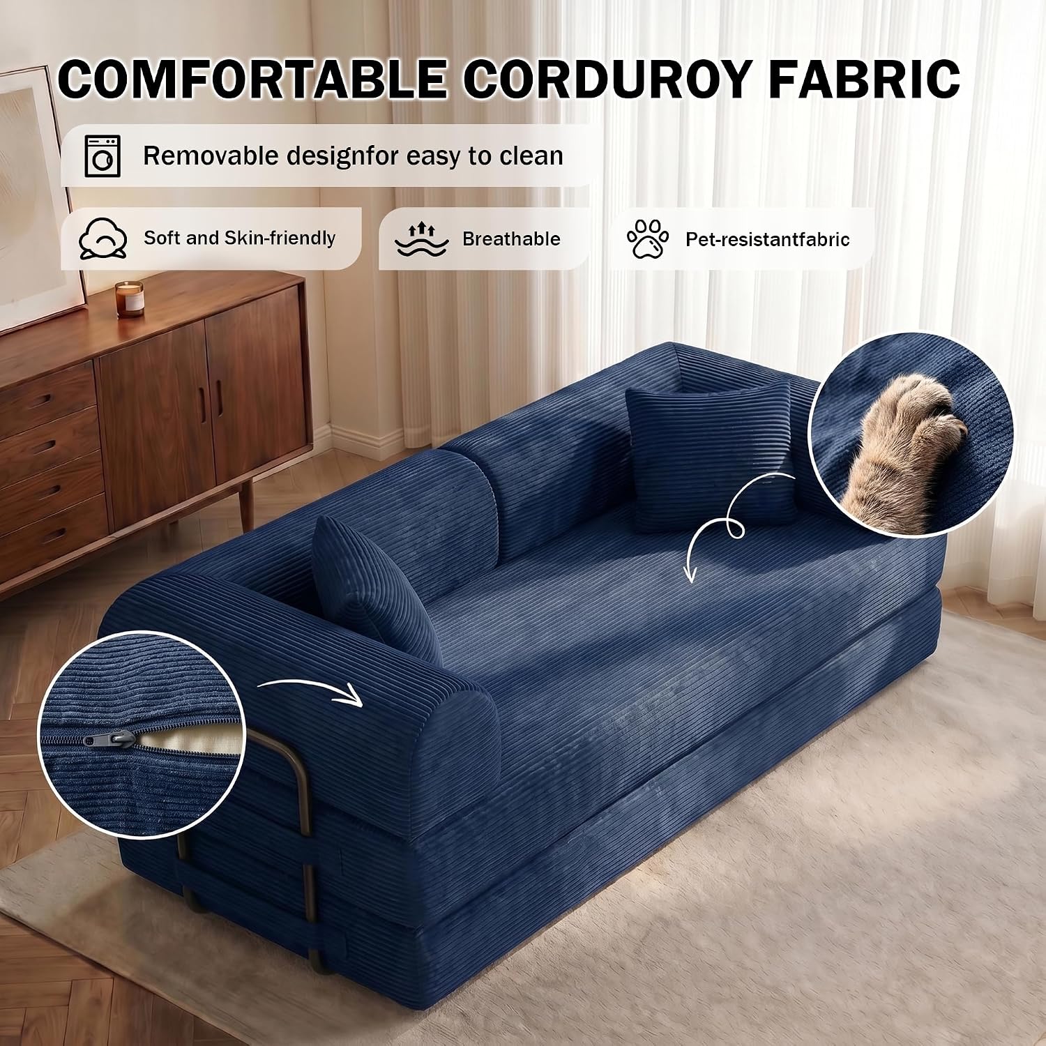 79'' Modular Convertible Sofa Bed, 5-in-1 Folding Corduroy Sleeper, Pull Out Floor Couch for Home Office Living Room with Mattress, No Assembly (Blue)
