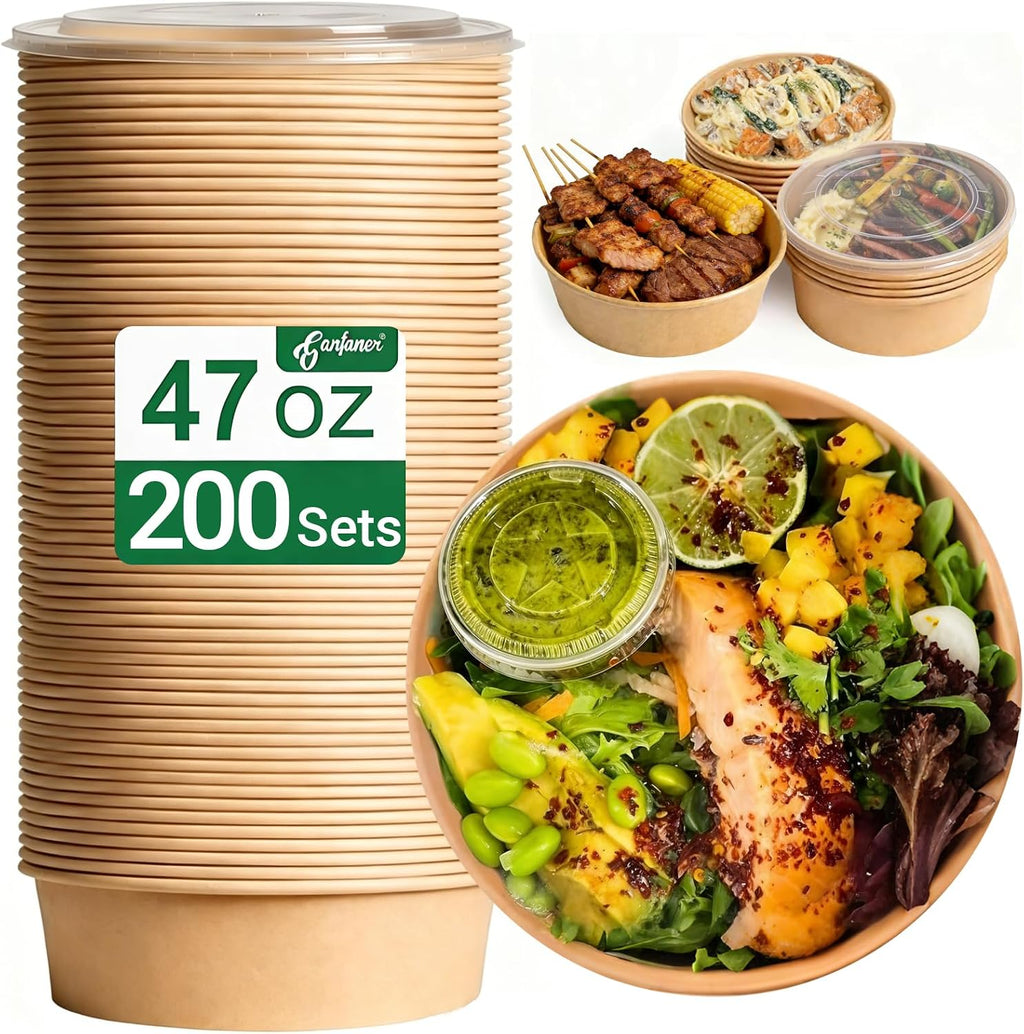 47oz Disposable Meal Prep Food Container w/Lids, 200 Sets Deli Bowl Paper Box To Go, Sturdy Bulk Pack for Event Restaurant Food Serving Salad Soup Pho Acai Picnic