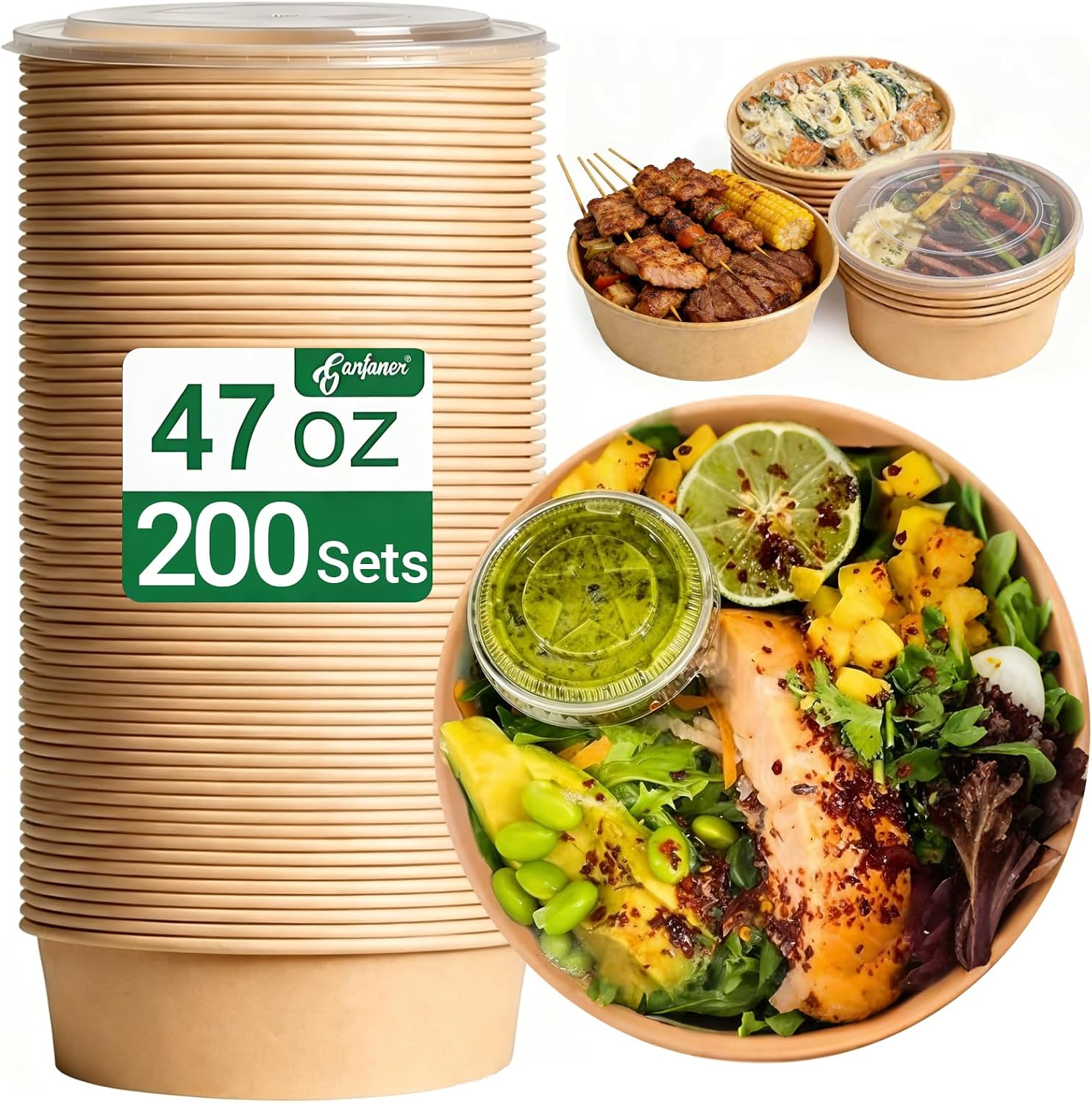 47oz Disposable Meal Prep Food Container w/Lids, 200 Sets Deli Bowl Paper Box To Go, Sturdy Bulk Pack for Event Restaurant Food Serving Salad Soup Pho Acai Picnic