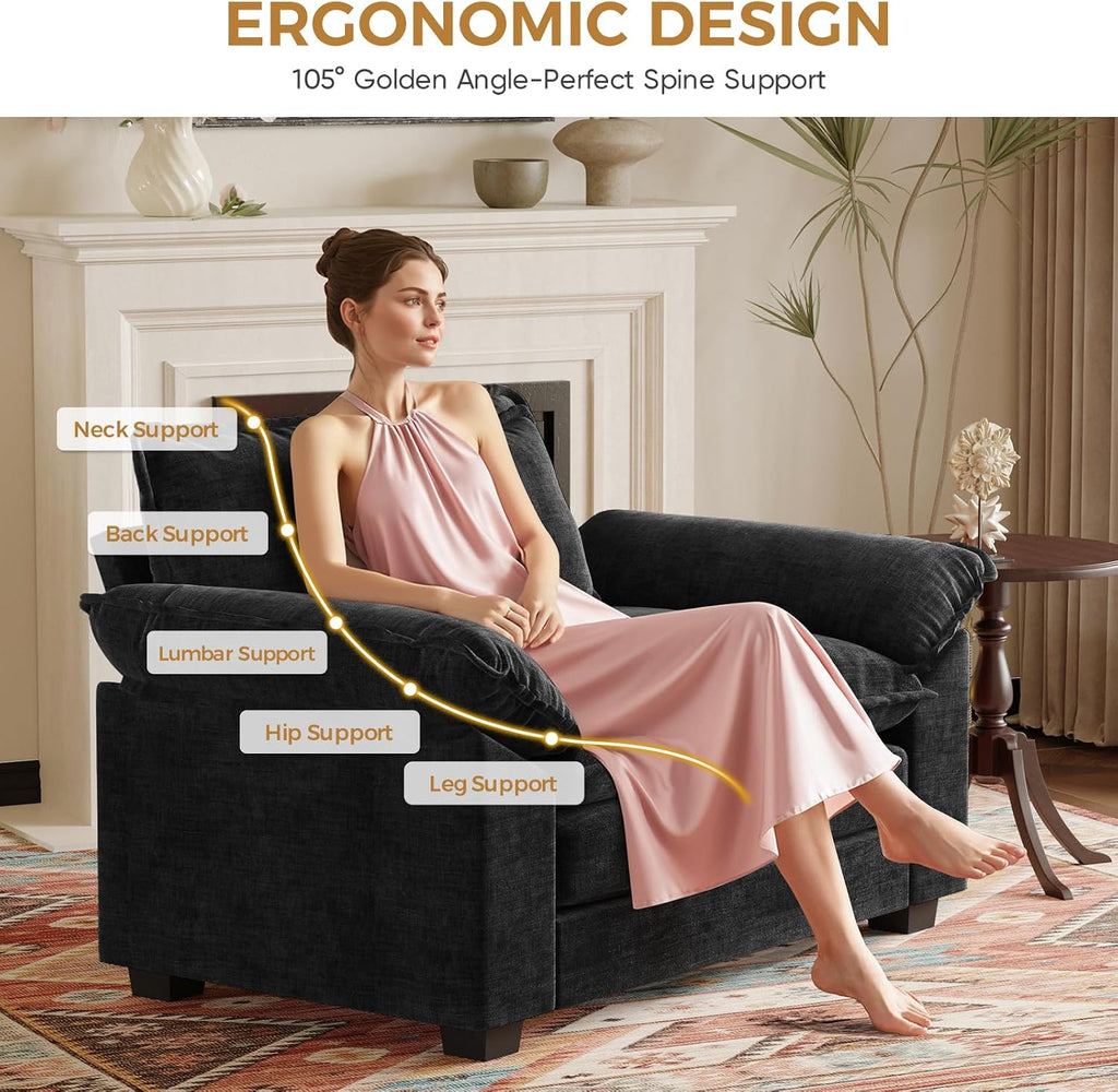 HUSFU Chenille Oversized Accent Chair, Cloud Sofa Chair with Deep Seat and Extra Wide Armrests, Comfy Reading Armchair for Bedroom, Living Room, Black