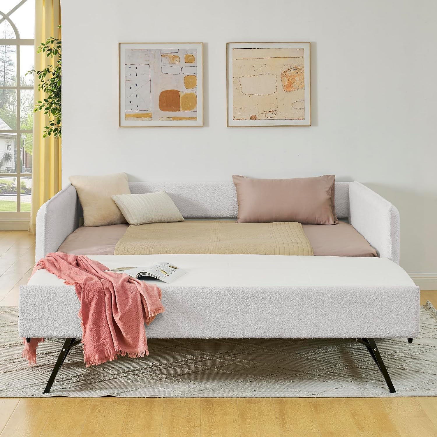 Ball & Cast Full Size Daybed with Pop up Trundle,Boucle Fabric Upholstered Day Bed Frame with Wood Slats Support,Extendable Trundle Bed,Full to King Daybed,Easy Assembly,Beige