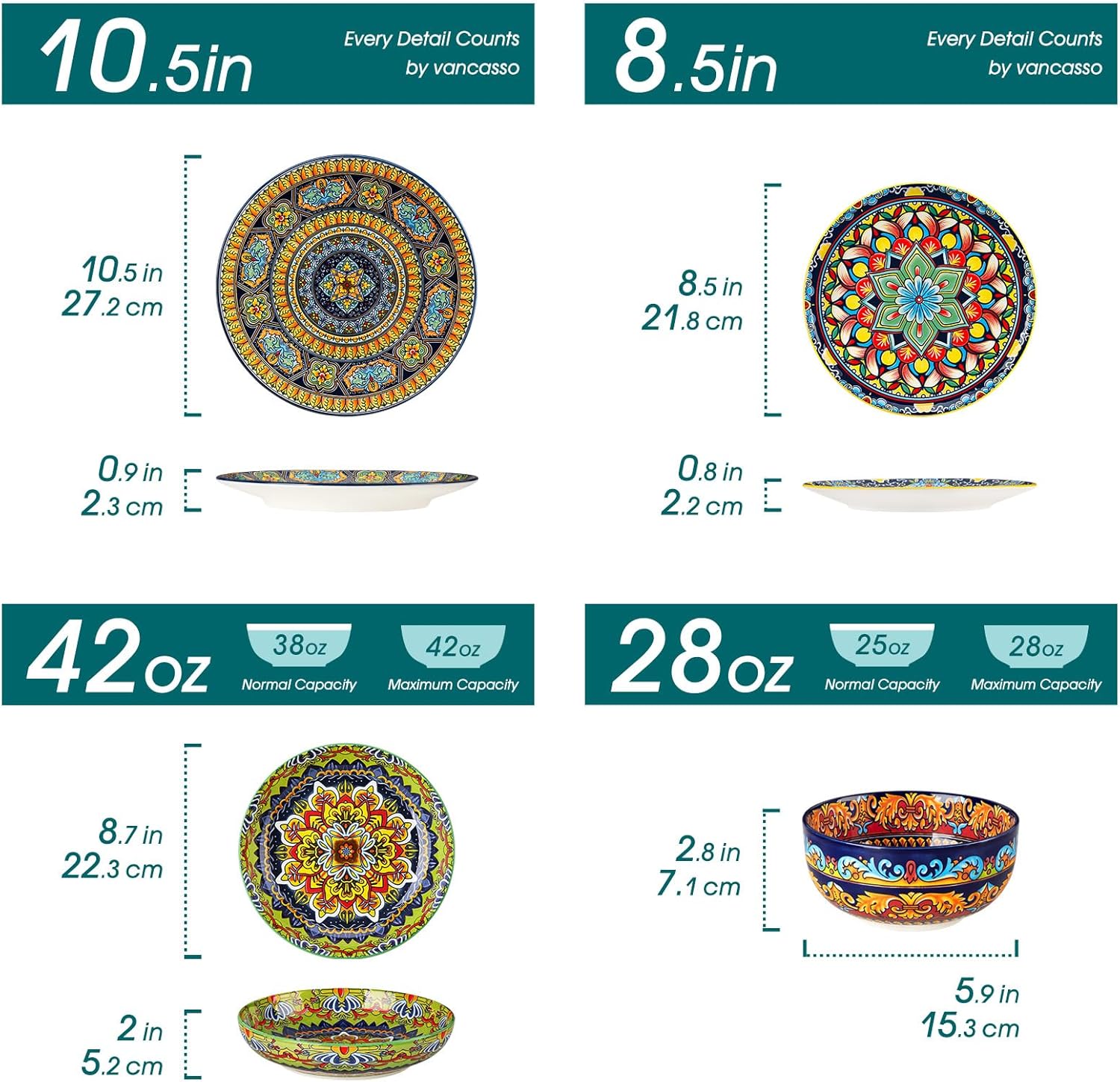 vancasso 24-Piece Dinnerware Sets,Plates & Bowls Sets Service for 6, Bohemian Porcelain Dishes Set for 6, Kitchen Dinner Set,Microwave & Dishwasher Safe, Scratch Resistant,Series KRVI