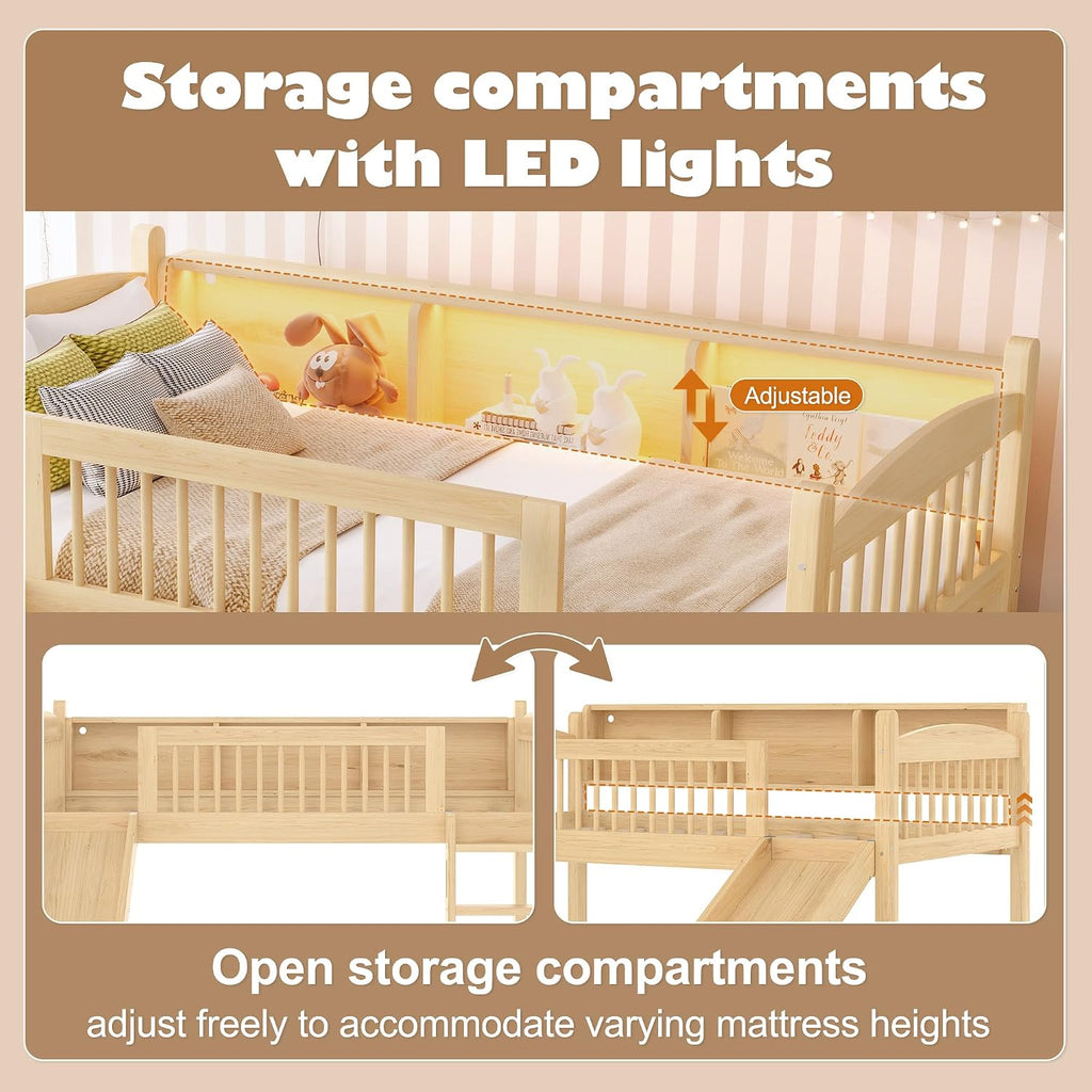 JIVOIT Twin Loft Bed with Storage Shelves, Solid Wood Lower Loft Bed with Full-Length Guardrails, Wood Slats Support, Space-Saving Design, No Box Spring Needed (Natural,Twin,51)