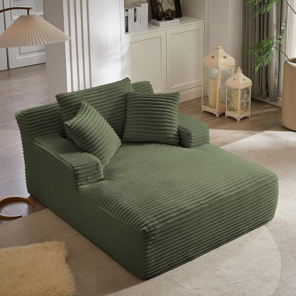 Oversized Chaise Lounge Chair Indoor, 66' Cloud Boneless Sleeper Couch Corduroy Upholstered Sofa Bed Deep Seat Comfy Reading Chair with 3 Pillows for Living Room Bedroom, Green