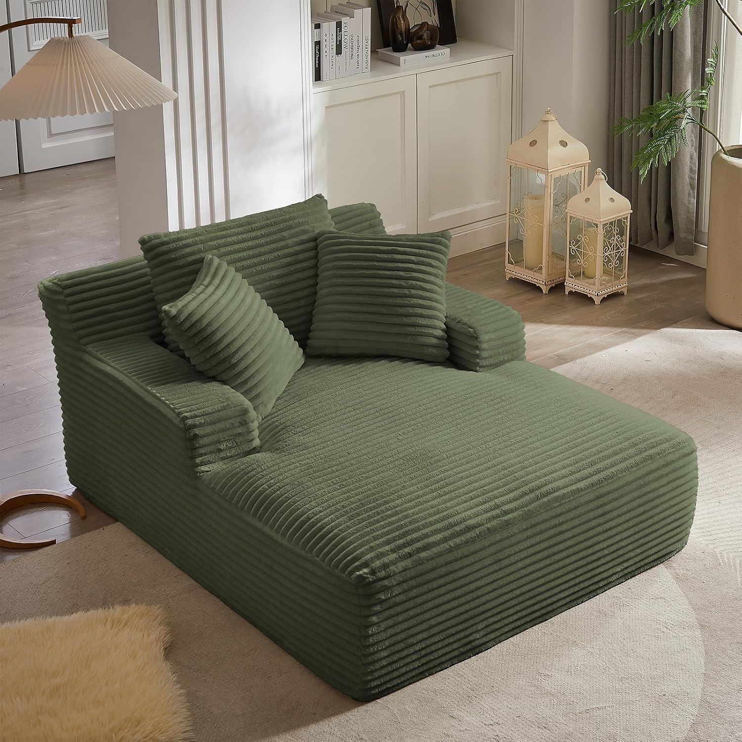 Oversized Chaise Lounge Chair Indoor, 66' Cloud Boneless Sleeper Couch Corduroy Upholstered Sofa Bed Deep Seat Comfy Reading Chair with 3 Pillows for Living Room Bedroom, Green