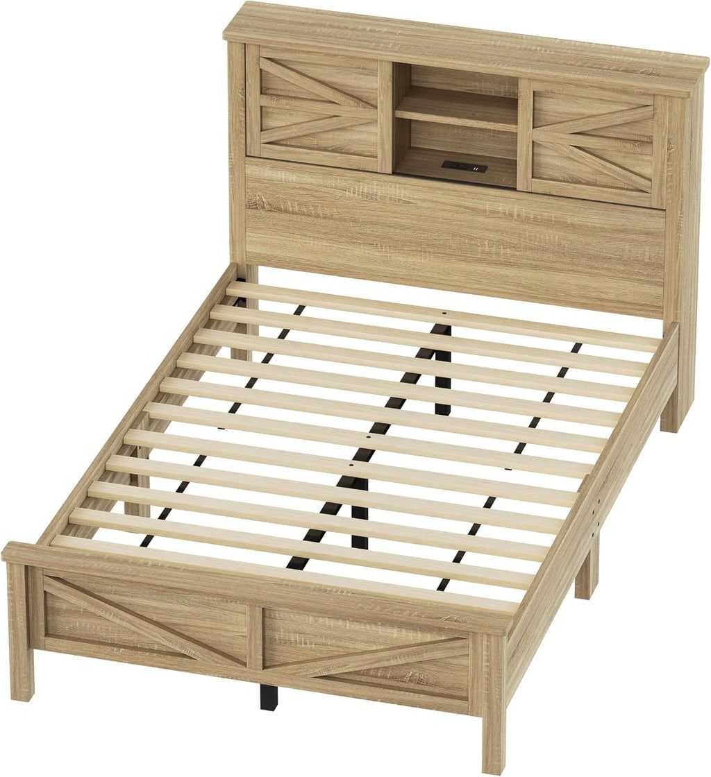 3-Pieces Full Size Bedroom Sets, Farmhouse Platform Bed with Double Sliding Door USB Storage Headboard, 3PCS Bedroom Sets with Cabinet and Nightstands, Kids Adults, Natural