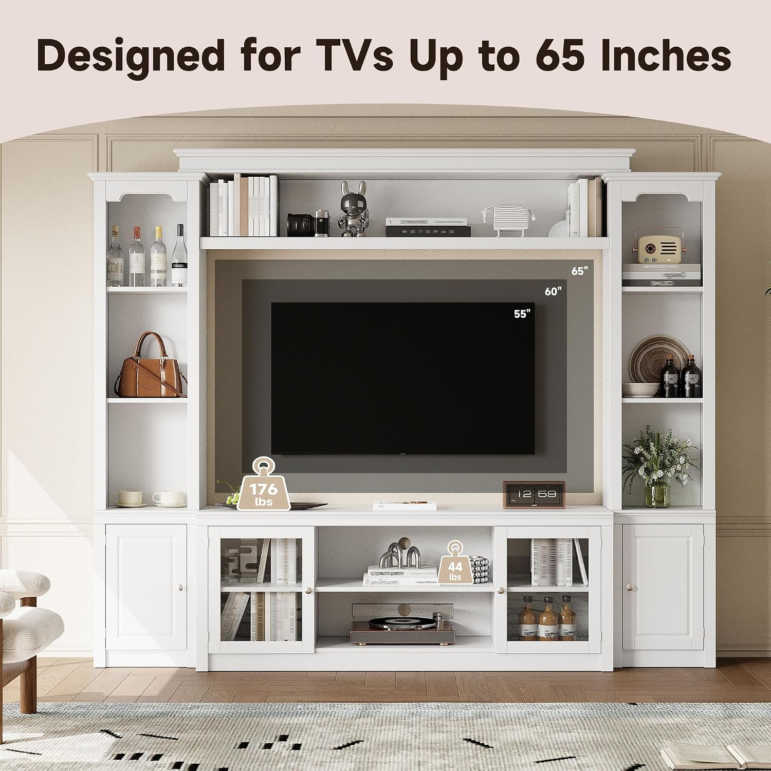 4-Piece Entertainment Center Wall Unit for TVs up to 65', Modern TV Stand with Bookshelves, Glass Doors & 4 Adjustable Shelves, Large Media Console Table with Display Cabinet for Living Room, White