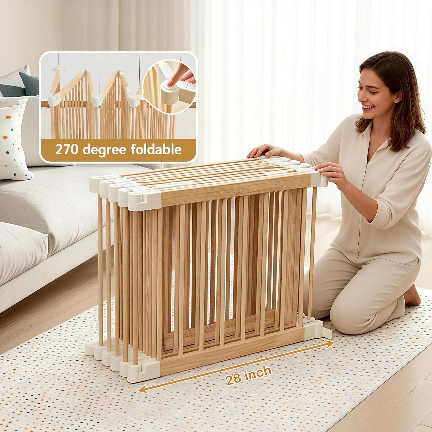 Baby Playpen, Foldable Wooden Play Yard with Gate | Adjustable Activity Center, Child Proof Lock, Expandable, 56x83x24 inch,For Babies 6 to 36 months