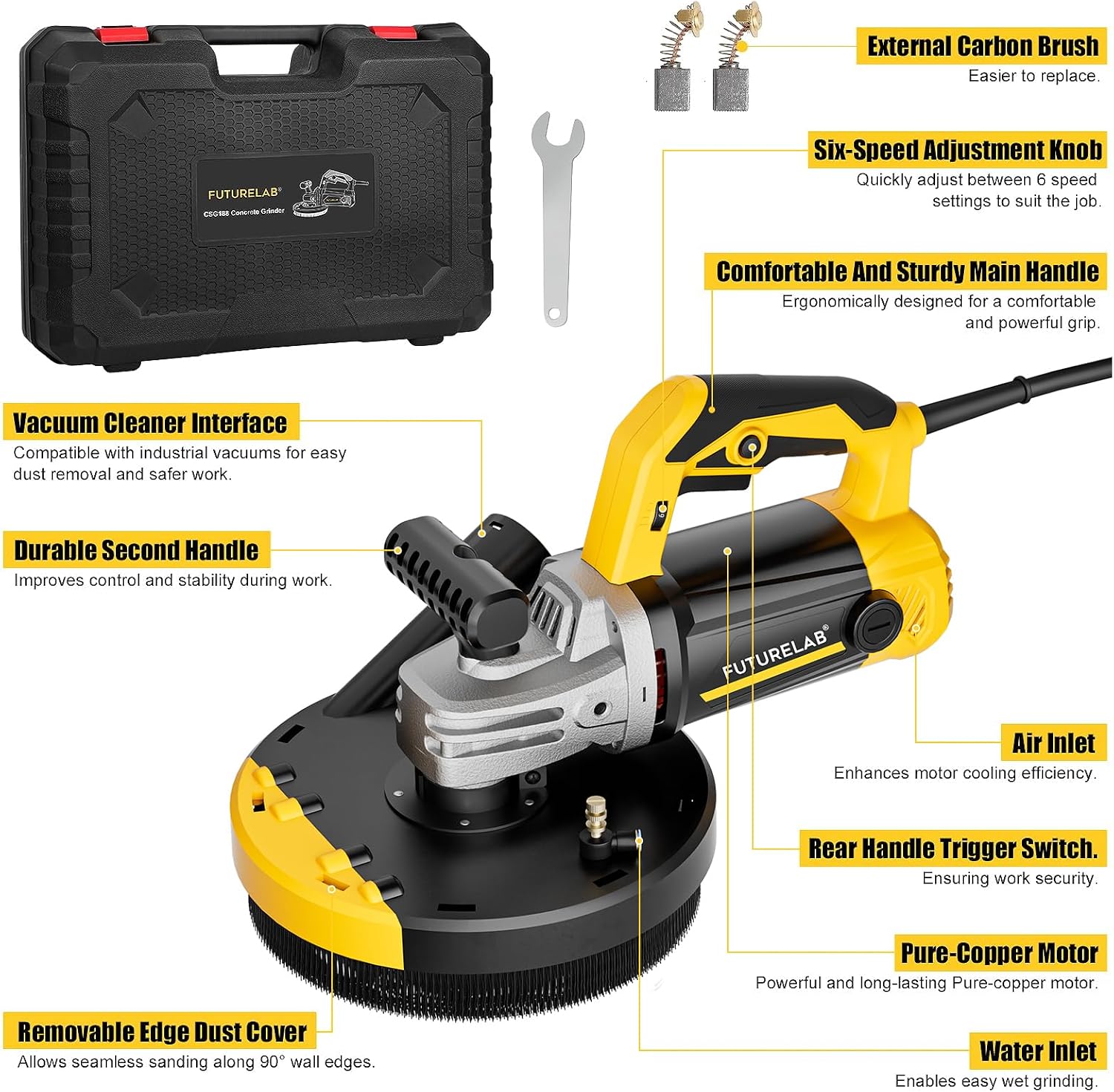 FUTURELAB® 7' 7-Inch Concrete Surface Grinder，Angle Grinder Kit with Dust Shroud, floor grinder, 2200W Motor,Auxiliary Handle, Diamond Wheel, 90° Seamless sanding for Floor, Wall, Adhesive and Ceiling