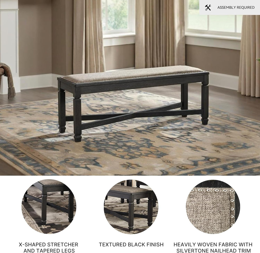 Signature Design by Ashley Tyler Creek Farmhouse Upholstered Dining Room Bench with Tapered Legs, Heavy Woven Fabric, Wood, 19.5' High Seat, Black & Gray