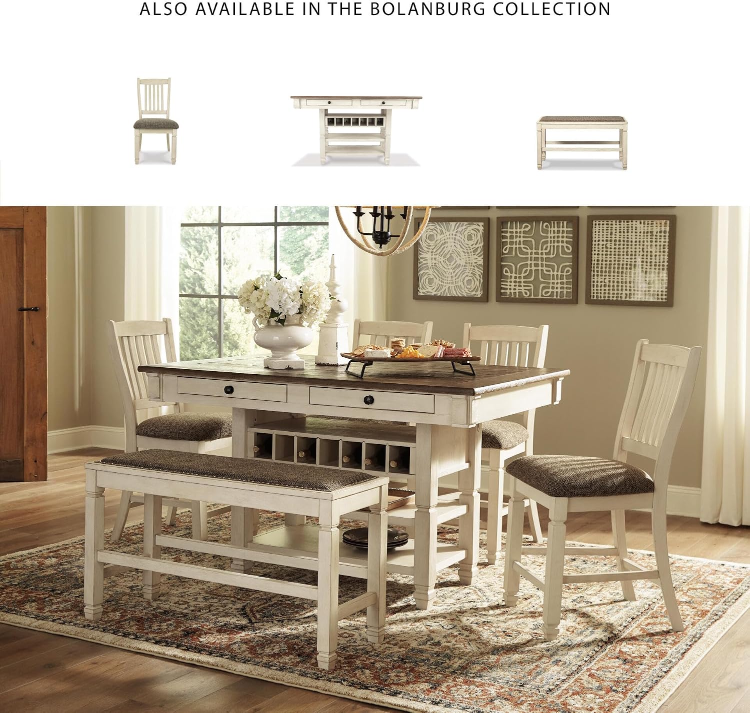 Signature Design by Ashley Bolanburg Double Upholstered Bench, Counter Height, Whitewash