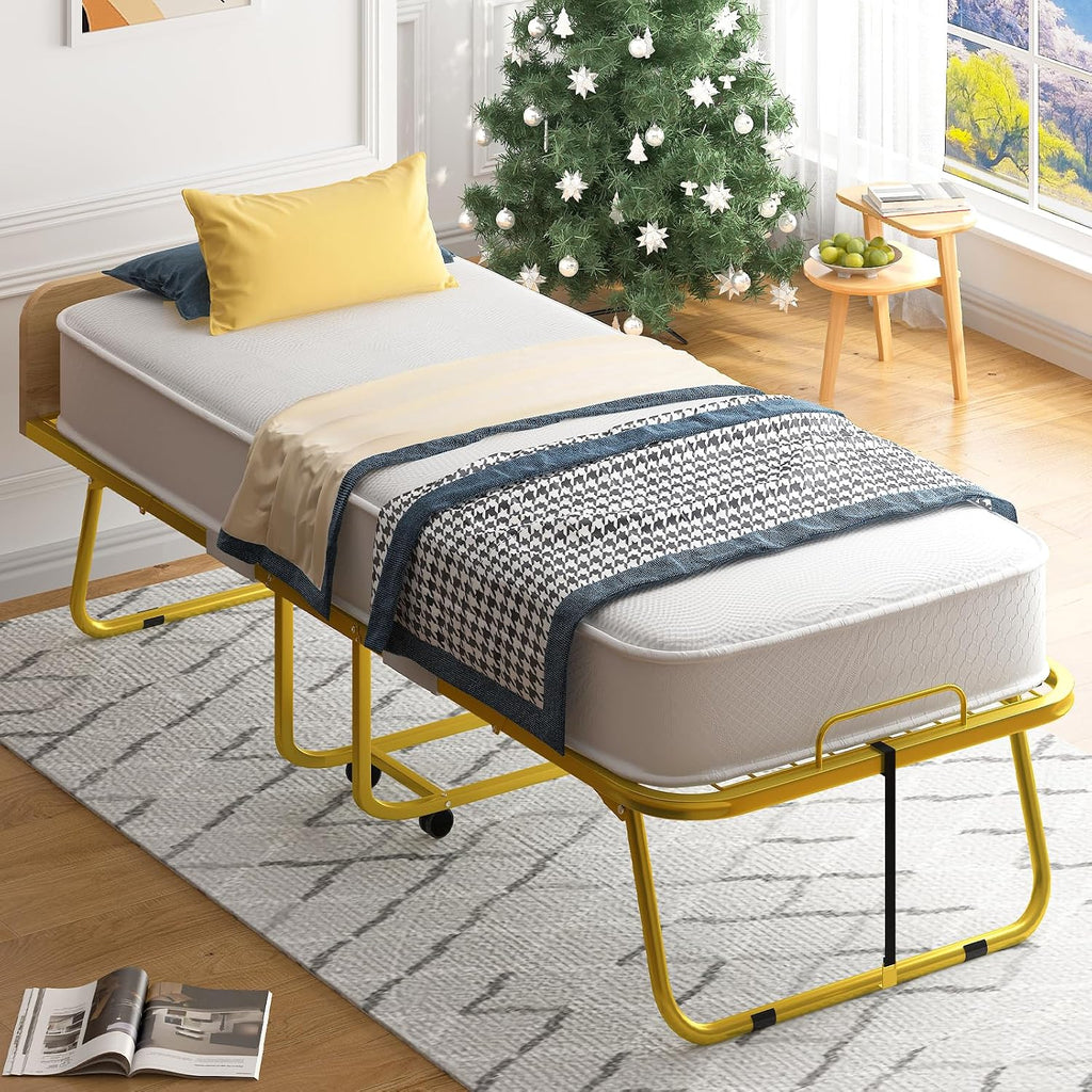 PUREMIND Roll Away Beds with Mattresses for Adults，'75' x 31'' Single Folding Bed Portable Foldable Bed,Metal Frame with Dust Cover and Baffle, Perfect for Bedroom, Apartment, or Office