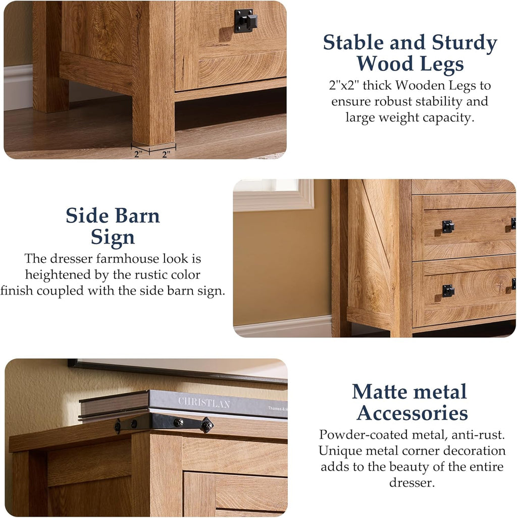 T4TREAM Farmhouse 6 Drawers Dresser for Bedroom, Wide 6 Chest of Drawers, Wood Rustic Double Dresser Organizer for Bedroom, Living Room, Hallway, Kids Room, Nursery Room, Light Knotty Oak