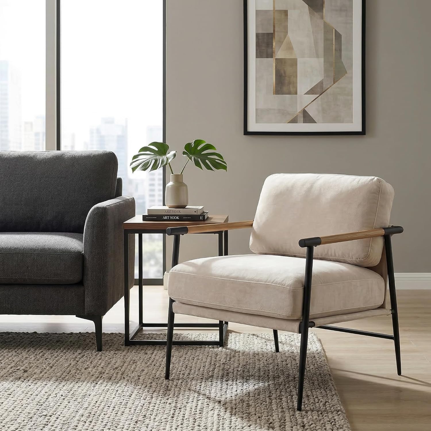 DUOMAY Mid-Century Modern Accent Chairs Set of 2 - Soft Linen Upholstered Lounge Reading Chair for Bedroom - Comfy Lightweight Livinig Room Chairs - Beige