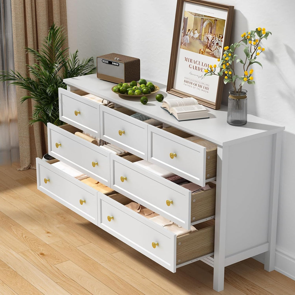 CARPETNAL White Dresser for Bedroom, 7 Drawer Dresser with Wide Drawers and Gold Metal Handles, 55' White and Gold Dressers TV Stand, Modern Dressers & Chests of Drawers for Hallyway, Entryway