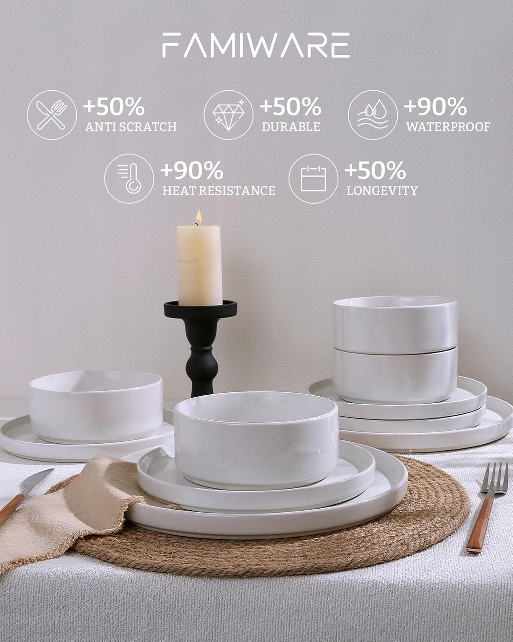 Famiware Nebula Dinnerware Sets with Mugs, Service for 6 (24 Pieces), Fine Stoneware Plates and Bowls Sets, Microwave and Dishwasher Safe Dishes Set, White