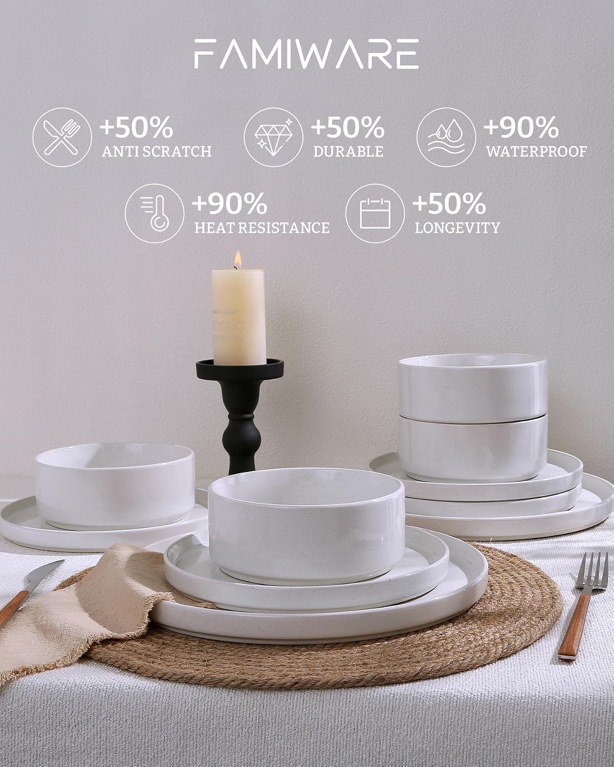 Famiware Nebula Dinnerware Sets with Pasta Bowls, Service for 6 (24 Pieces), Fine Stoneware Plates and Bowls Sets, Microwave and Dishwasher Safe Dishes Set, White