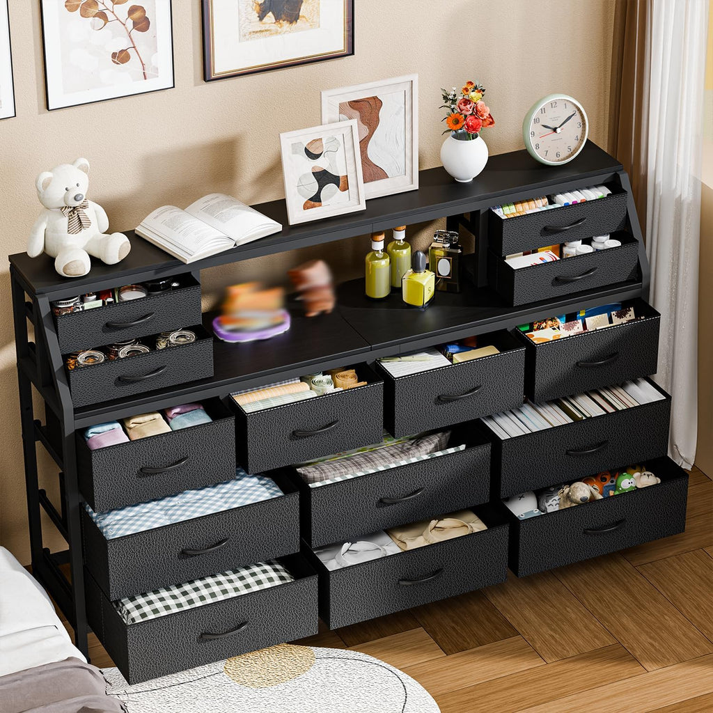 Dresser for Bedroom, 55' TV Stand with 14 Drawers, Long Dresser & Chests of Drawers with Shelves & Sturdy Metal Frame & Wood Top (Black)