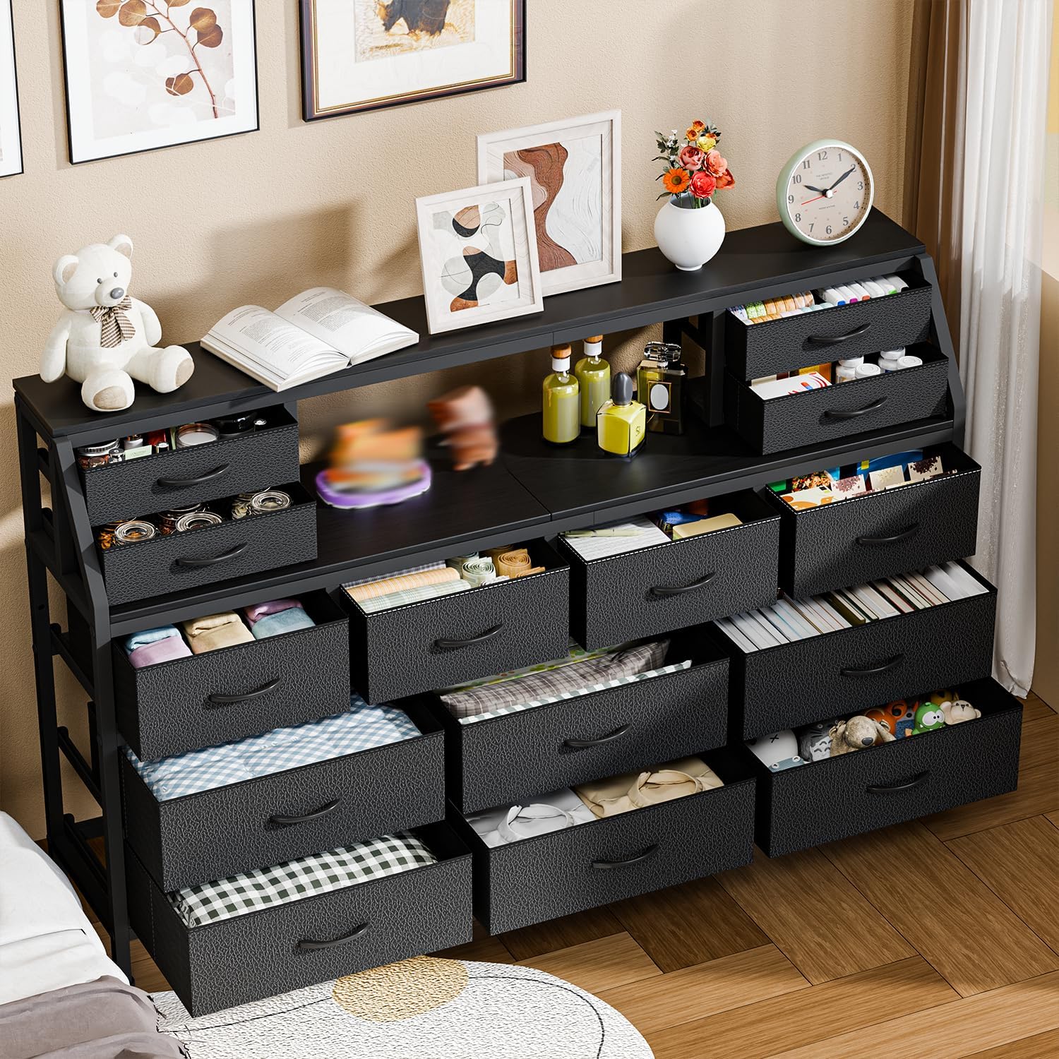Dresser for Bedroom, 55' TV Stand with 14 Drawers, Long Dresser & Chests of Drawers with Shelves & Sturdy Metal Frame & Wood Top (Black)