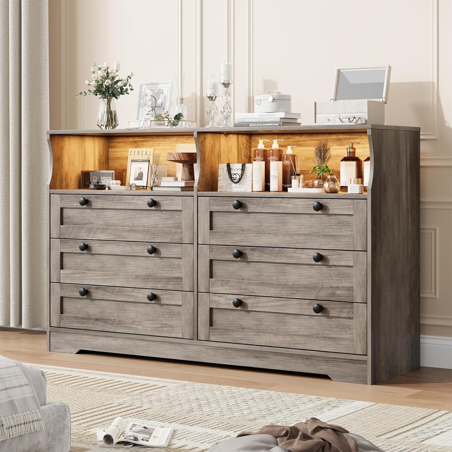 Garvee 6 Drawer Dresser for Bedroom, with RGB LED Lights & Power Outlet, 55' Wide Chests of Drawers Dresser TV Stand for 55 Inch TV, for Closet, Living Room, Entryway