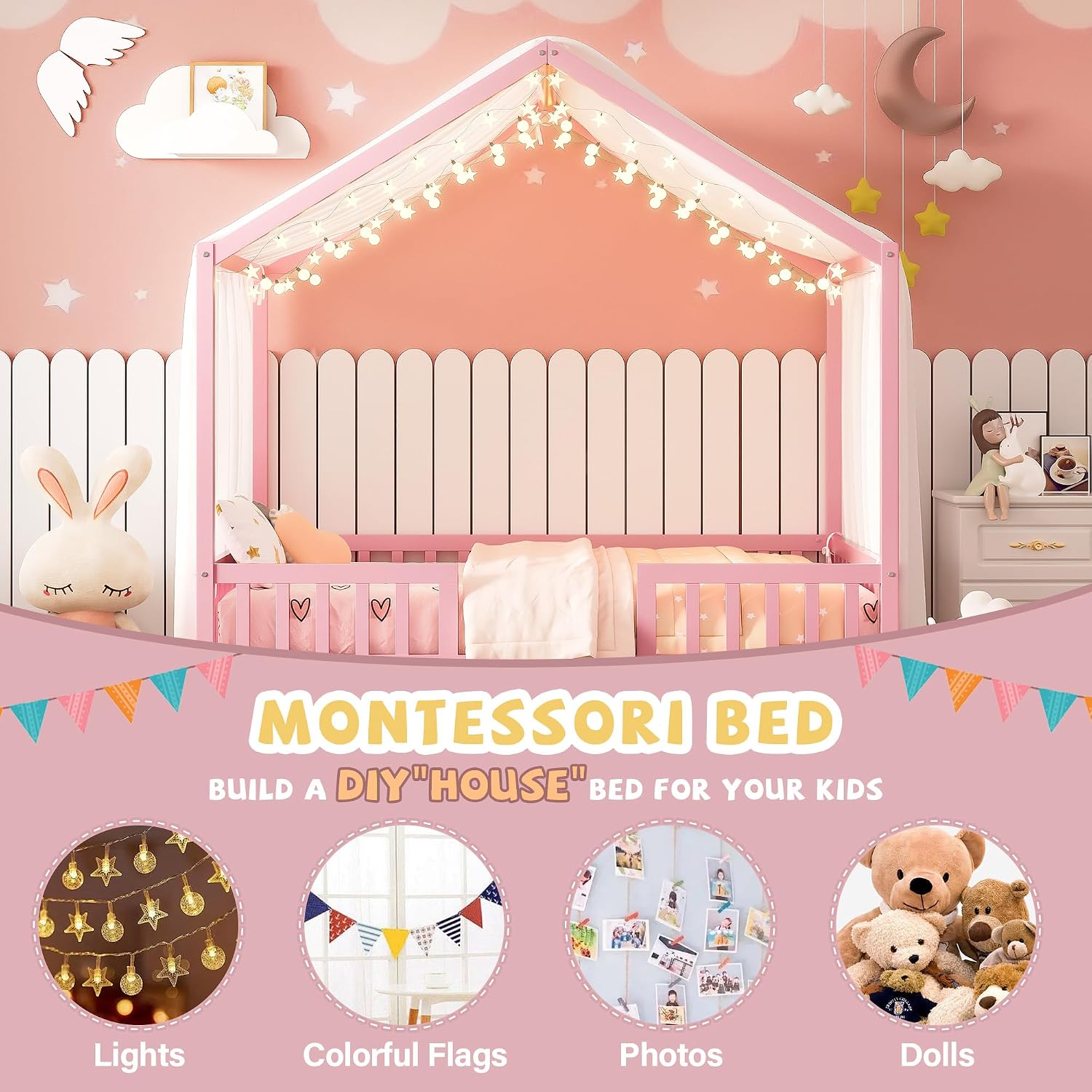 Full Montessori Floor House Bed with High Rails, Wood Kids Low Floor Bed with Roof & Canopy, Montessori Full Kids Bed Frame for Girls, Boys,No Box Spring Needed, Pink