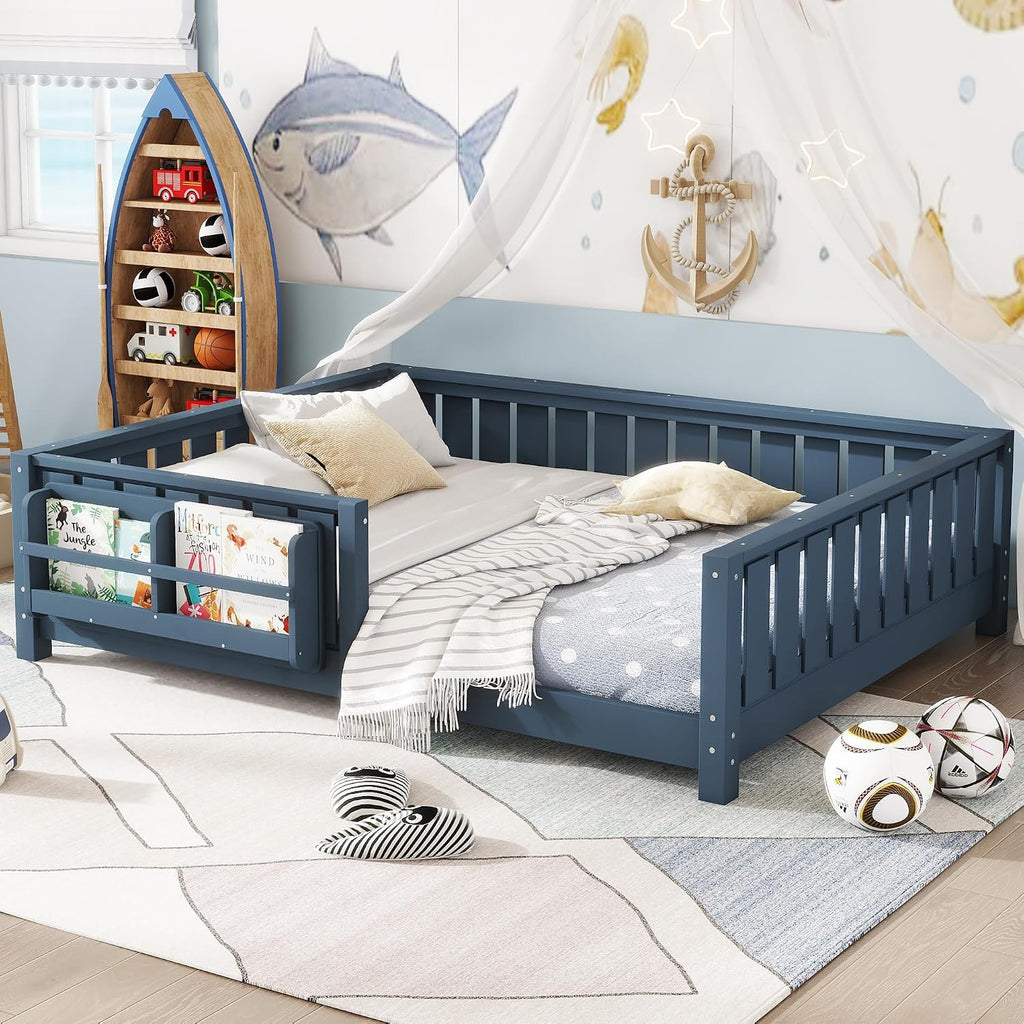 Bellemave Full Size Montessori Floor Bed with Slats and Fence, Full Size Montessori Bed with Rails and Bookcase, Easy Assemble Floor Beds Frame,Blue