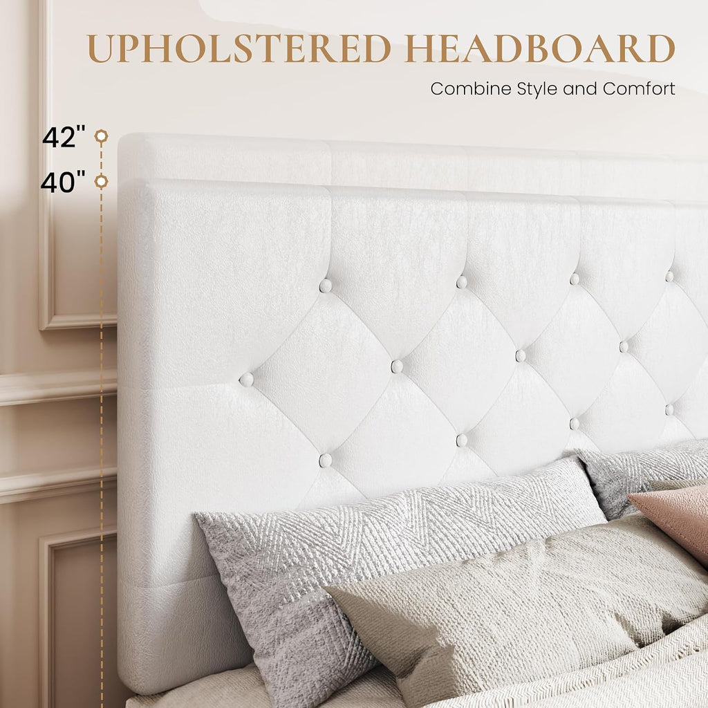 SHA CERLIN Upholstered Queen Platform Storage Bed Frame with 4 Drawers, Adjustable Headboard with Faux Leather Diamond Button Tufted Design, Wooden Slat Support, No Box Spring Needed, White