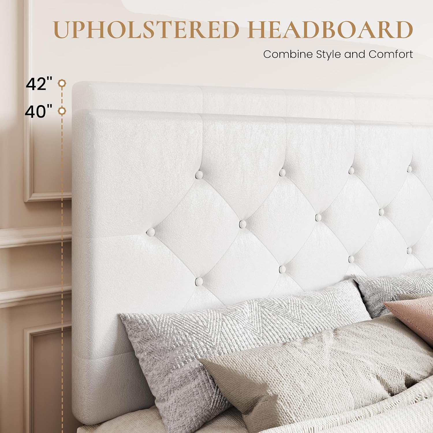 SHA CERLIN Upholstered Queen Platform Storage Bed Frame with 4 Drawers, Adjustable Headboard with Faux Leather Diamond Button Tufted Design, Wooden Slat Support, No Box Spring Needed, White
