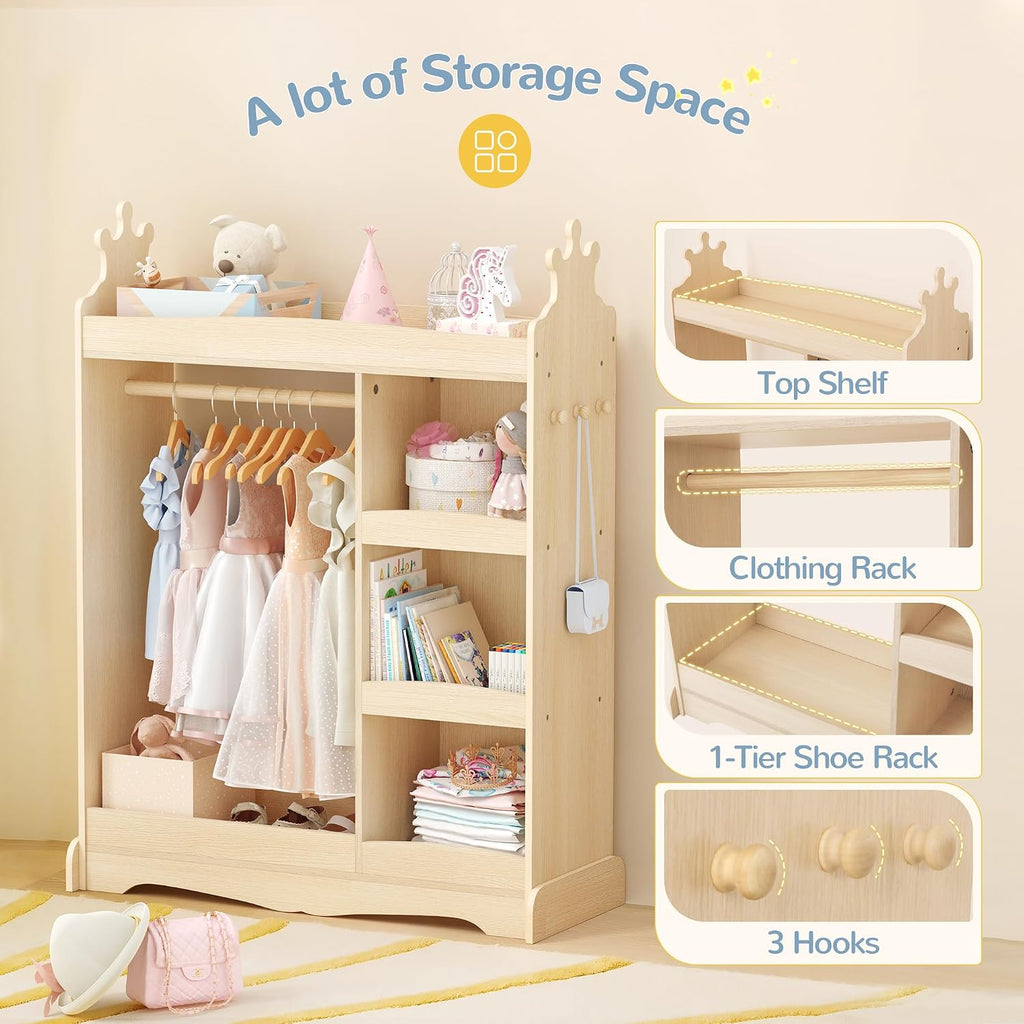Curipeer Kids Dress up Storage with Mirror, Kids Wardrobe with Storage & 3 Hooks, Kids Closet for Girls Boys, Kids Costume Organizer, Open Hanging Armoire Wardrobe Closet for Bedroom, Natural