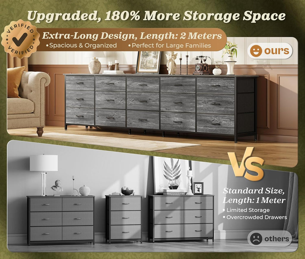 Huuger 78.7 inch Long Dresser for Bedroom, 15 Drawer Fabric Dresser for Closet, Large TV Stand for 65, 75, 85 inch TV, Wide Chest of Drawer with Storage, 78.7' W x 12.9' D x 26.7' H, Grey