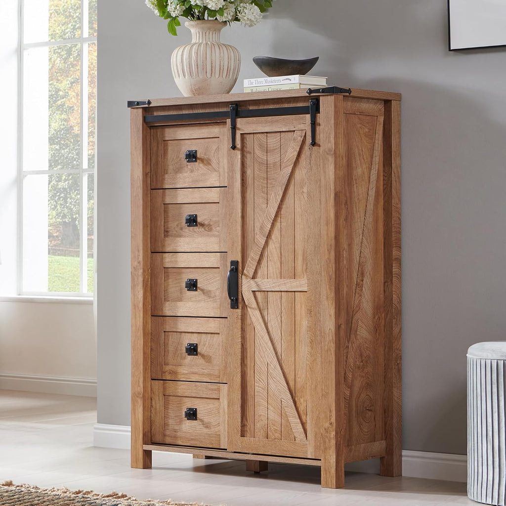 T4TREAM 5 Drawers Dresser for Bedroom w/Sliding Barn Door, Farmhouse Modern Tall Dresser 5 Chest of Drawers, Storage Organizer for Bedroom, Hallway, Living Room, Kids Room, Light Tree Knot