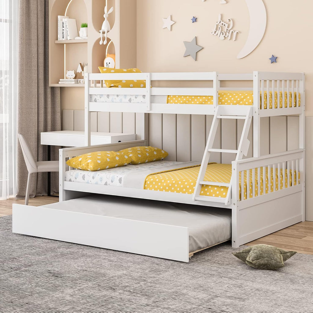 Giantex Twin Over Full Bunk Bed with Trundle, Convertible Platform Bed Frame with Ladder, Solid Wood Frame & Safety High Guardrails, Space-Saving Bunk Bed for Teens & Kids, No Box Spring Needed, White