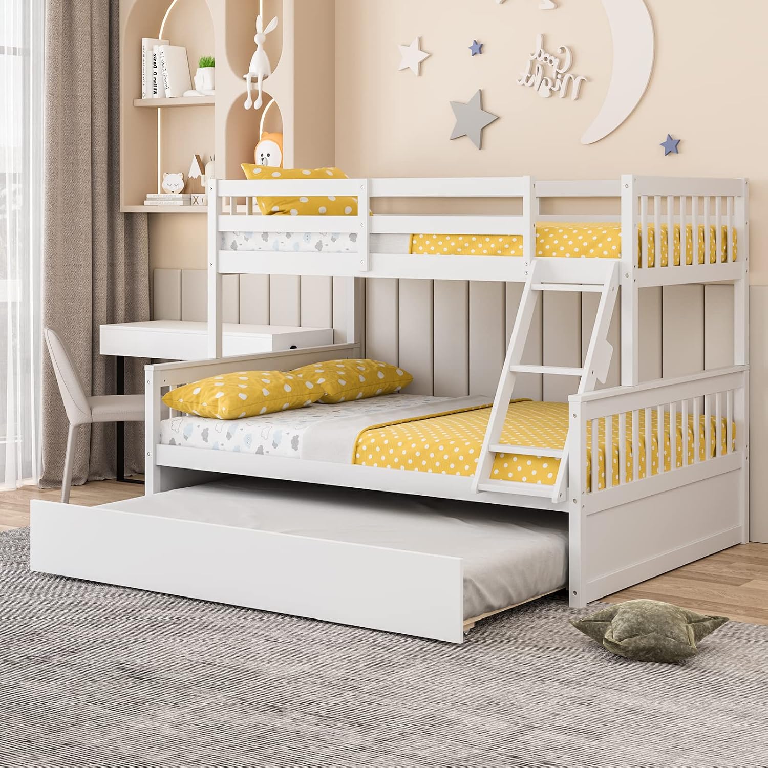 Giantex Twin Over Full Bunk Bed with Trundle, Convertible Platform Bed Frame with Ladder, Solid Wood Frame & Safety High Guardrails, Space-Saving Bunk Bed for Teens & Kids, No Box Spring Needed, White