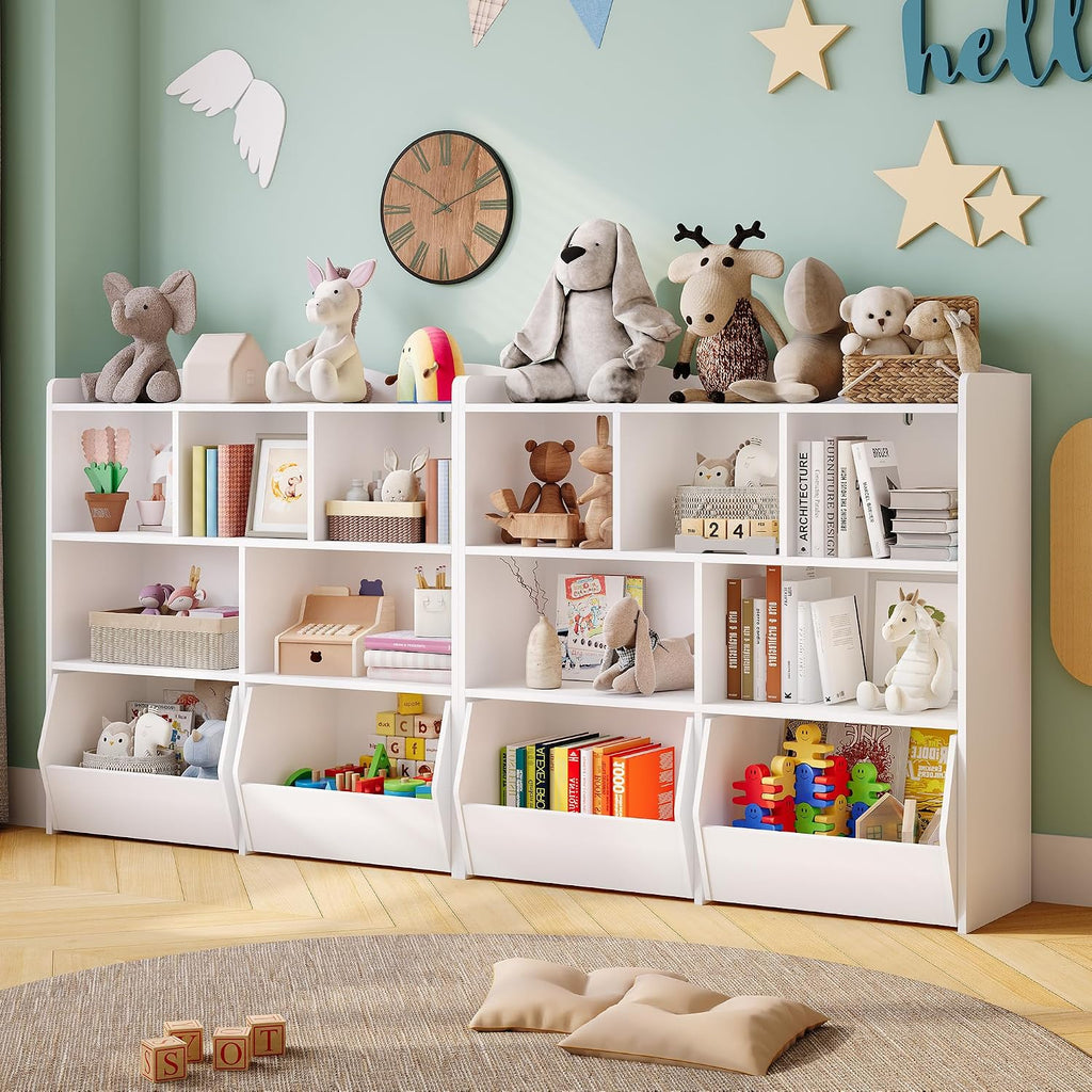 IDEALHOUSE Toy Storage Organizer with Movable Drawers, Kids Bookshelf with Hidden Wheels and 5 Open Cubbies, Multifunctional Storage Cabinet Chest for Playroom